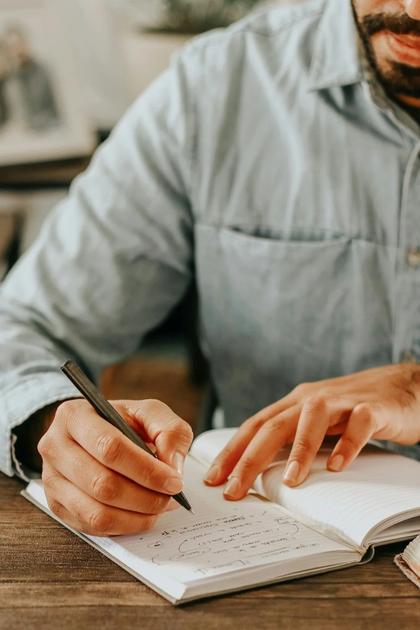 A person writing draft website copy in a notebook with a black pen on a wooden table.