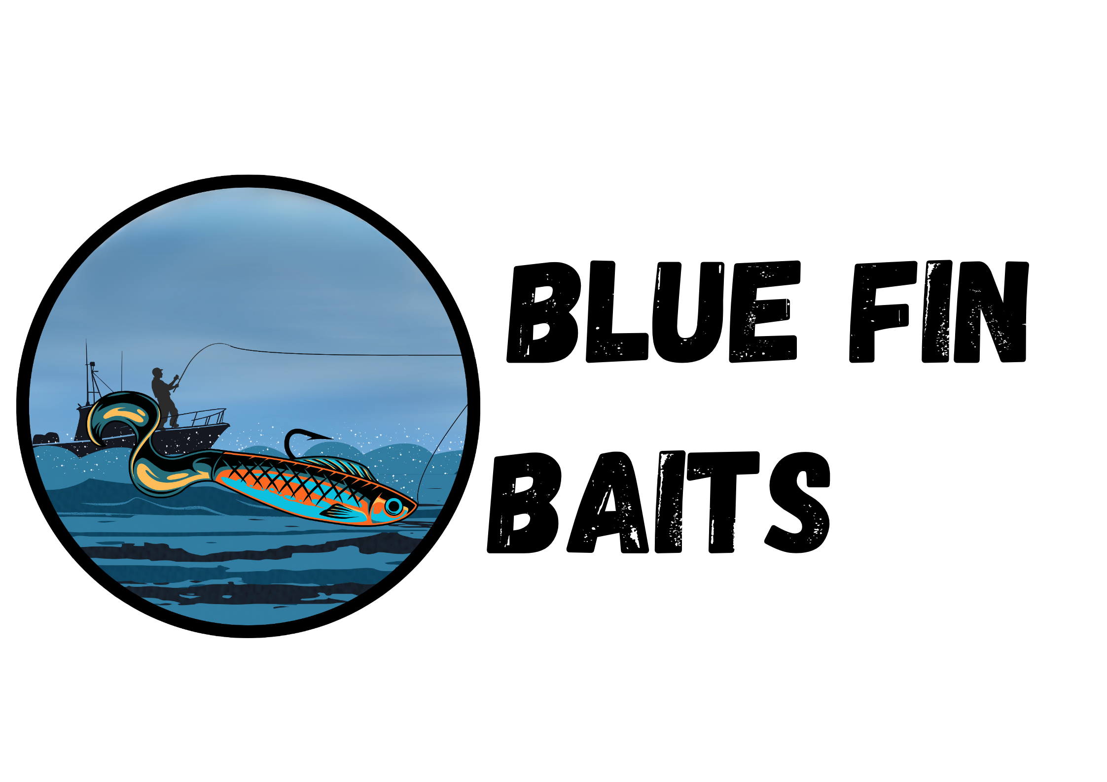 Illustration of a person fishing from a boat with a large stylized fish on the water's surface