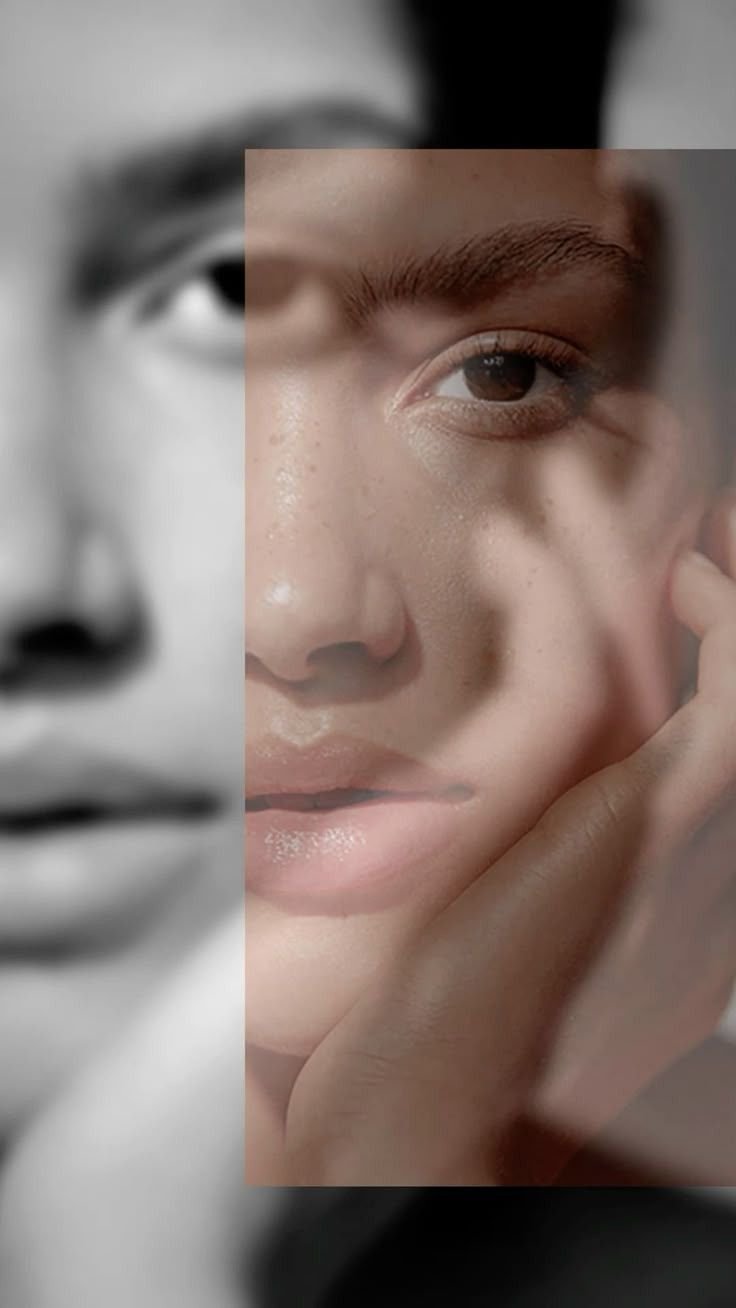 Close-up of a woman's face with a collage of a black-and-white and a color image, focusing on her eyes, nose, and lips.