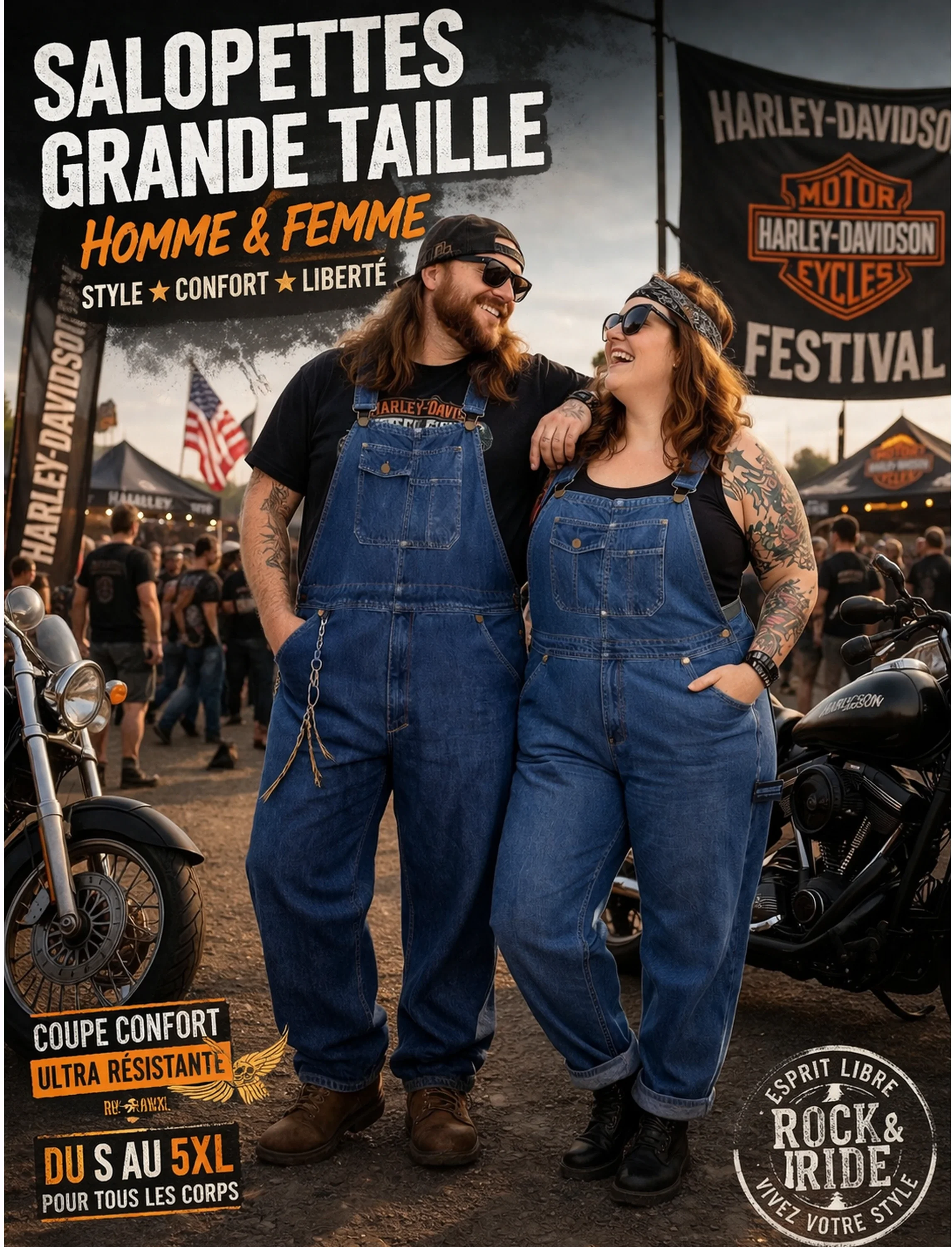 salopette grande taille homme femme look biker festival rock jean large couple