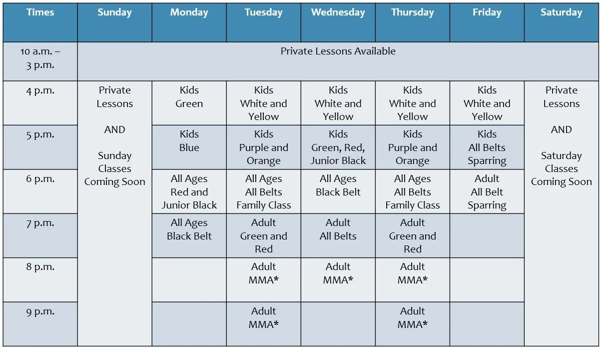 Weekly schedule for karate classes and lessons, with times from 10 a.m. to 9 p.m., including private lessons, kids classes, adult classes, sparring, and family classes.