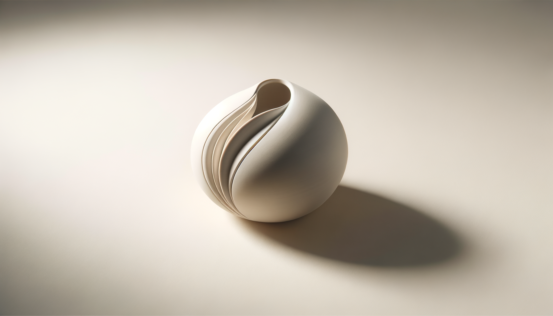 Une sculpture blanche sphérique avec des bandes incurvées laissant un espace ouvert au sommet, posée sur une surface claire avec une ombre portée.