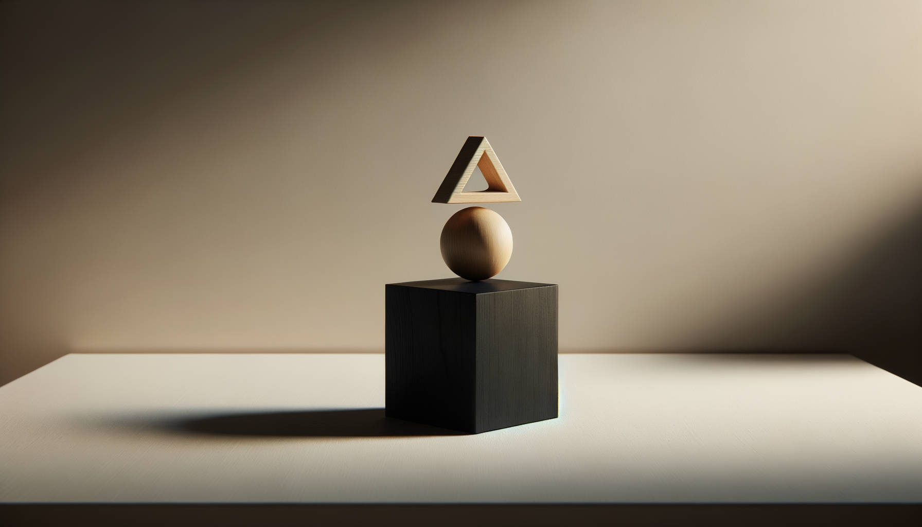 Une sculpture abstraite composée d'une pyramide en bois, d'une sphère en bois et d'un cube noir, toutes empilées en équilibre sur une surface blanche.