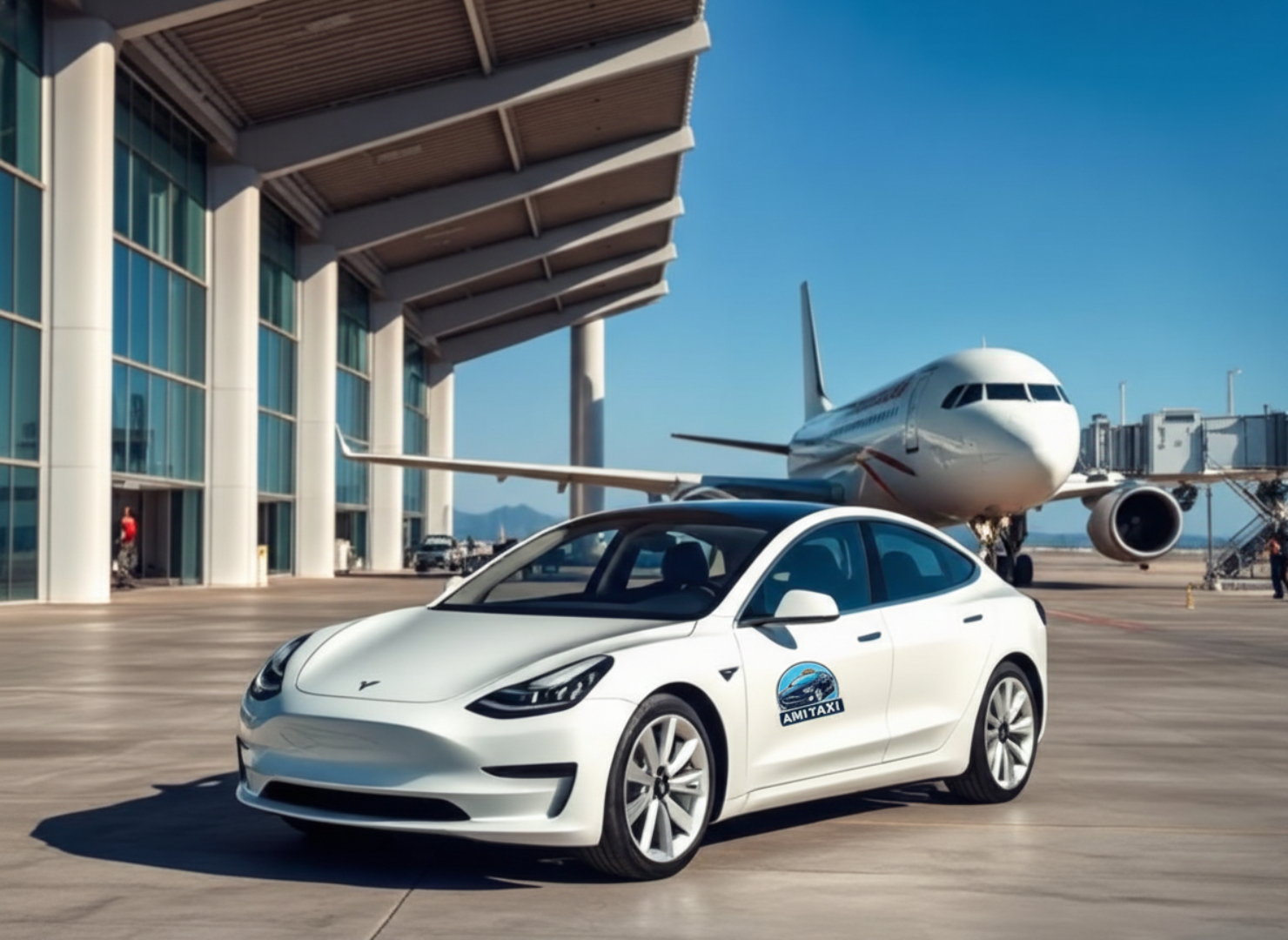 Voiture de taxi à l'aéroport, avion en arrière-plan, bâtiment moderne, ciel clair.