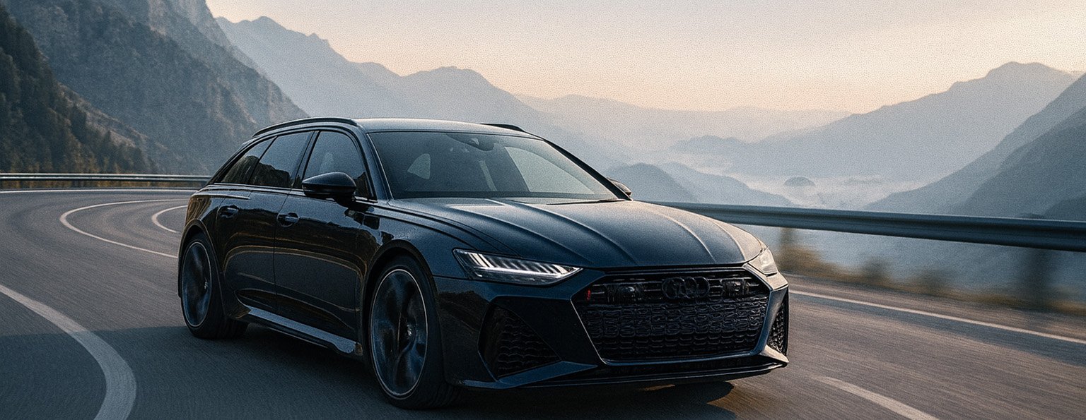Ein schwarzer Audi-Auto fährt auf kurvenreicher Straße durch eine bergige Landschaft bei Sonnenaufgang.