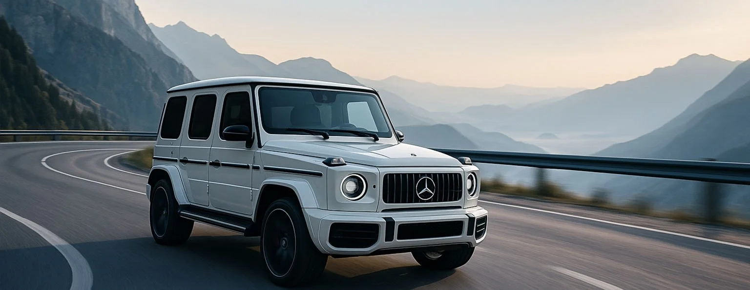 Ein weißer Mercedes-Benz G-Klasse SUV fährt auf einer kurvigen Bergstraße vor einer malerischen Bergkulisse.