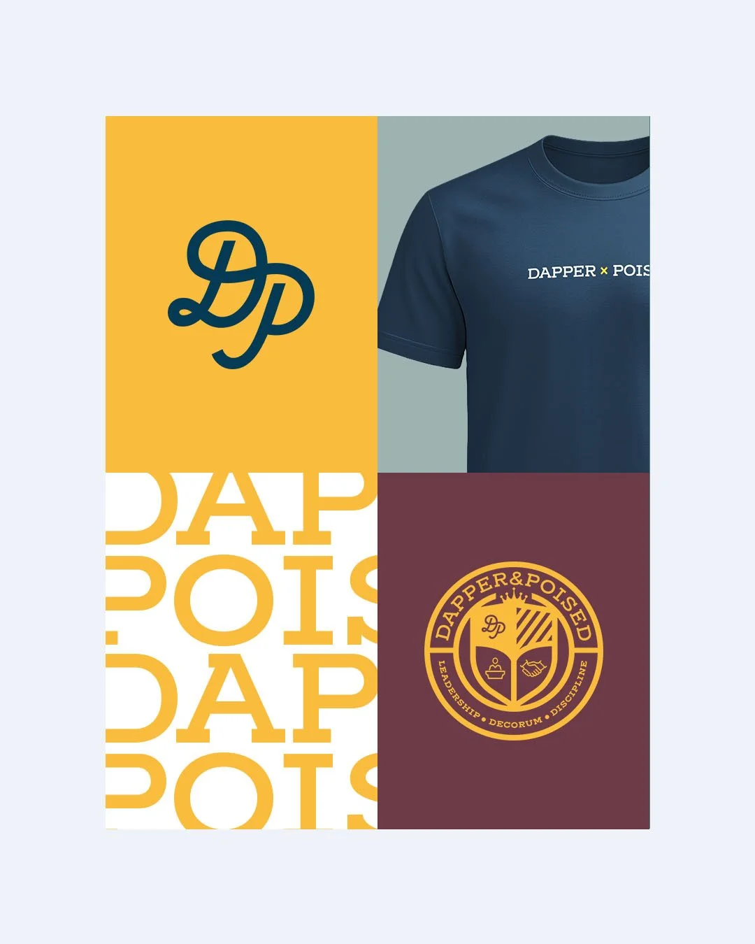 A collage featuring a yellow square with a stylized dark blue 'D' logo, a navy blue t-shirt with the text 'DAPPER POIS' printed on it, a repeated pattern of the words 'DAPPER POIS' in yellow on a white background, and a maroon background with a circu