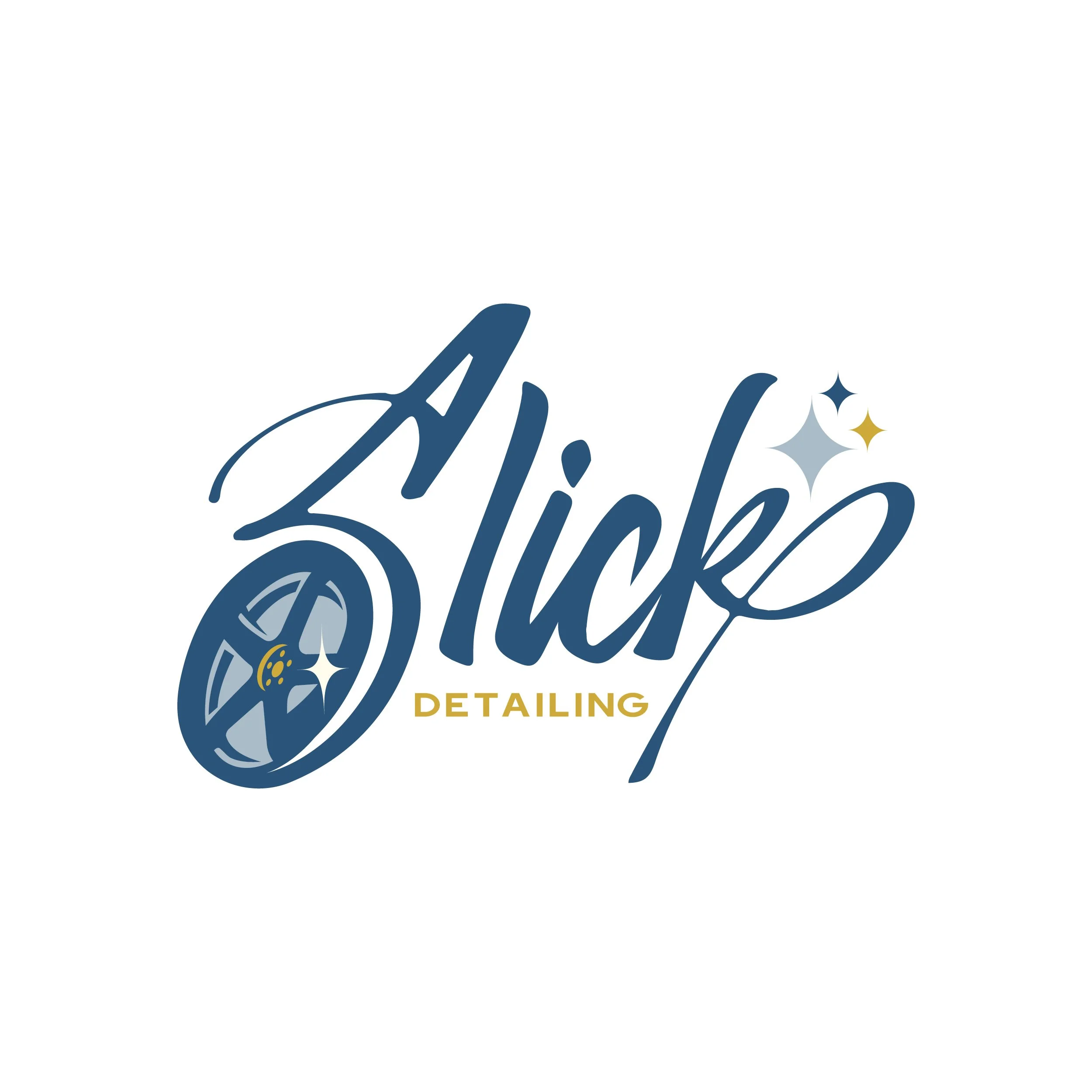 A logo with the words 'Slick detailing' in dark blue cursive script, featuring decorative stars and a wheel of a vehicle.