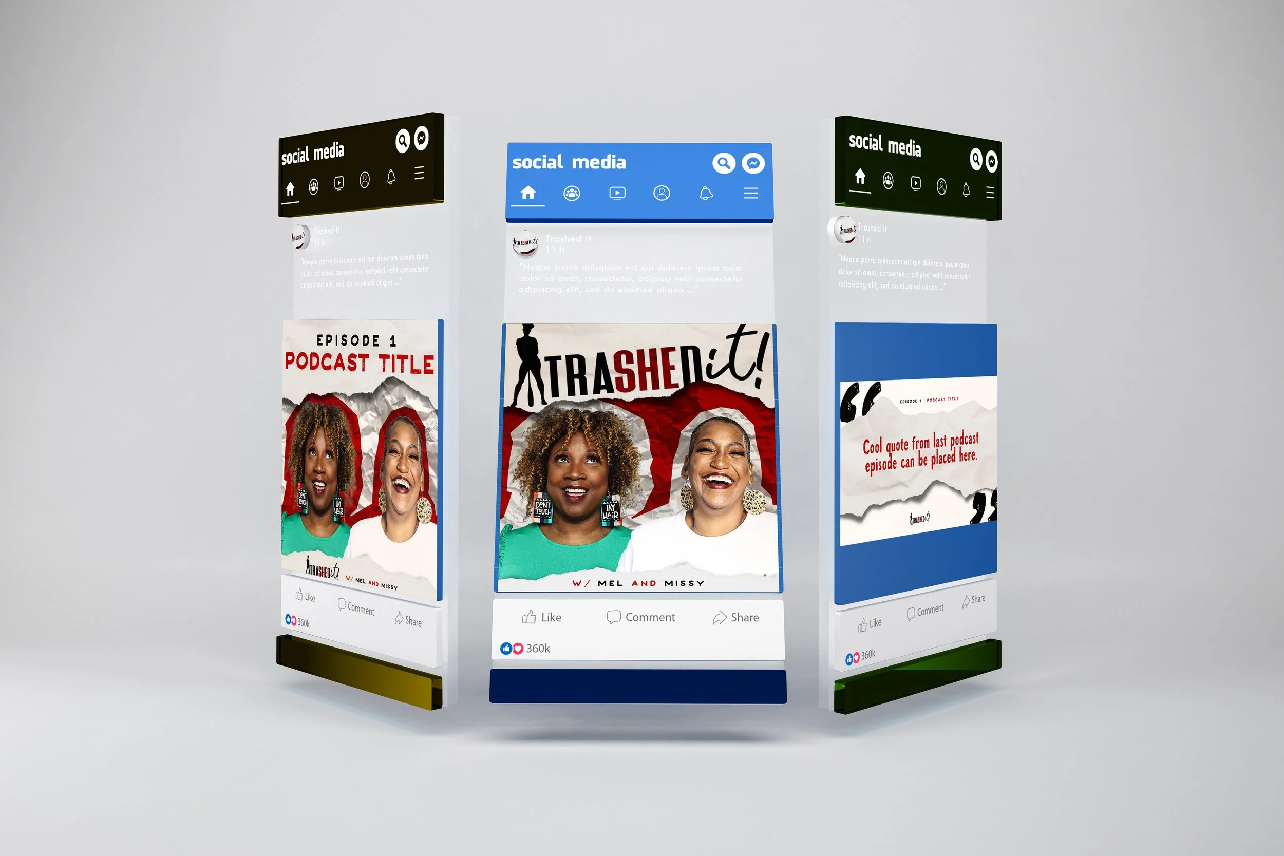 Three social media post previews displayed on a white background, featuring images of smiling women, with the titles "Episode 1 Podcast Title" and "Trashed It".