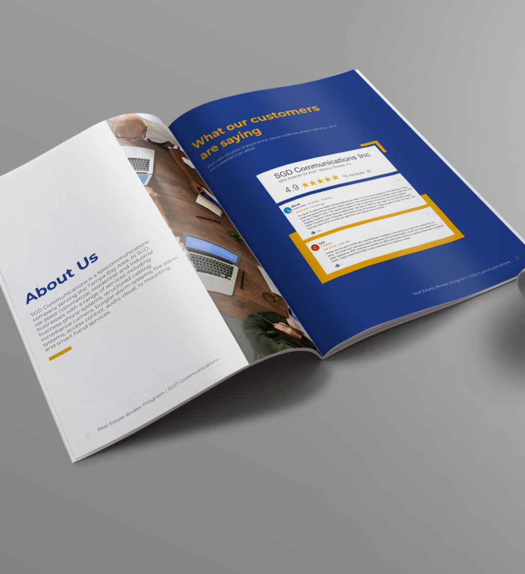 Open brochure with a page about customer reviews and a page about a company called SGD Communications Inc.