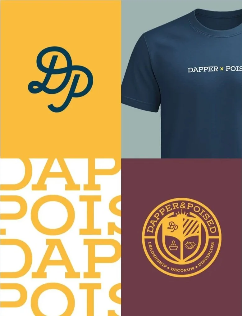A collage of four sections featuring the Dapper & Poised brand: a black logo on a yellow background, a navy blue t-shirt with the brand name, a repeated logo on a white background, and a circular emblem with the name and icons on a maroon background.