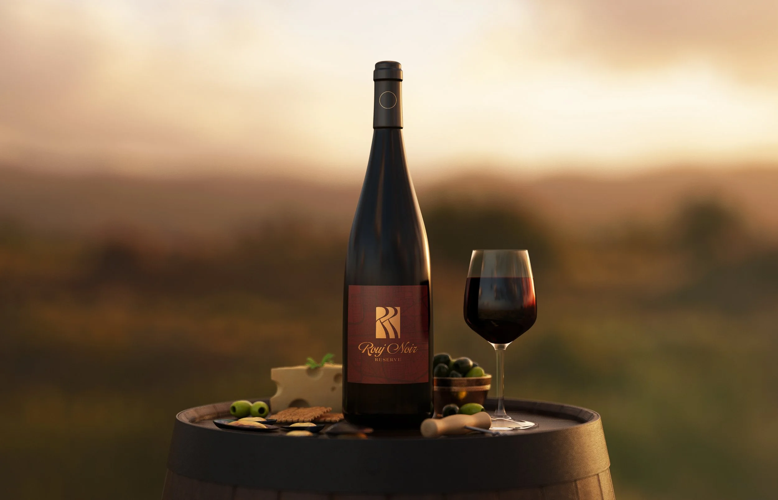 A bottle of Rosy Noir Reserve wine, a filled wine glass, and grapes on a round table against a sunset background.