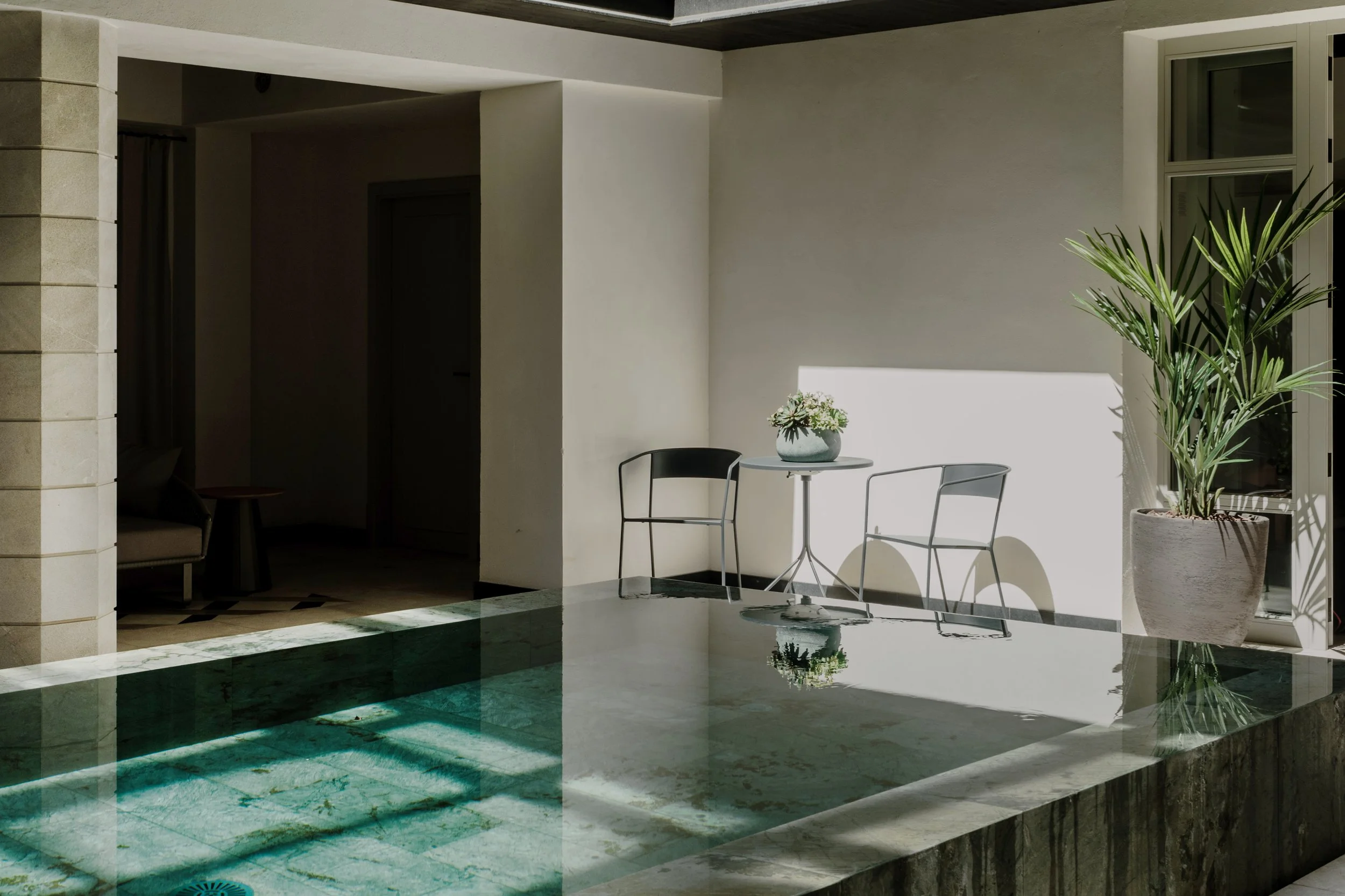 Outdoor patio area with a small round table, two black chairs, a large potted plant, and a vase with flowers, illuminated by natural sunlight.