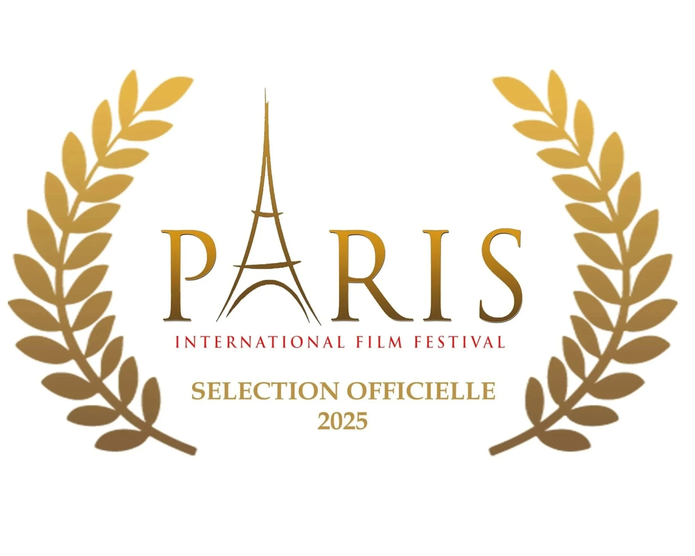 Logo for the Paris International Film Festival 2025, featuring a stylized Eiffel Tower as the 'A' in 'Paris,' surrounded by gold laurel branches.