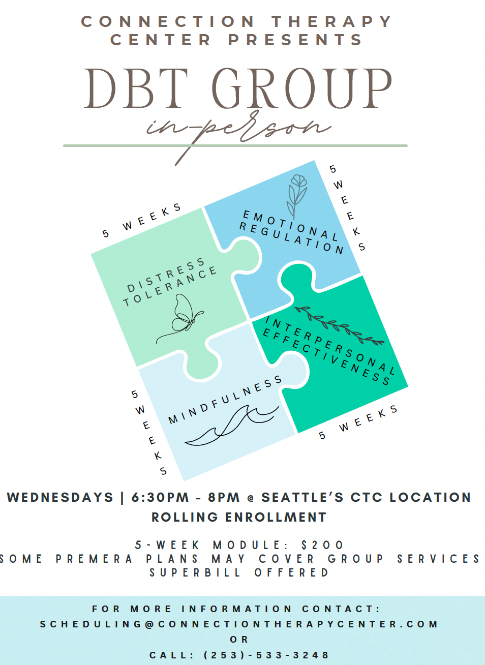 Flyer for a DBT group therapy program at Connection Therapy Center, featuring a puzzle piece design with sections for emotional regulation, distress tolerance, mindfulness, and interpersonal effectiveness, scheduled on Wednesdays from 6:30 PM to 8 PM at Seattle's CTC location.