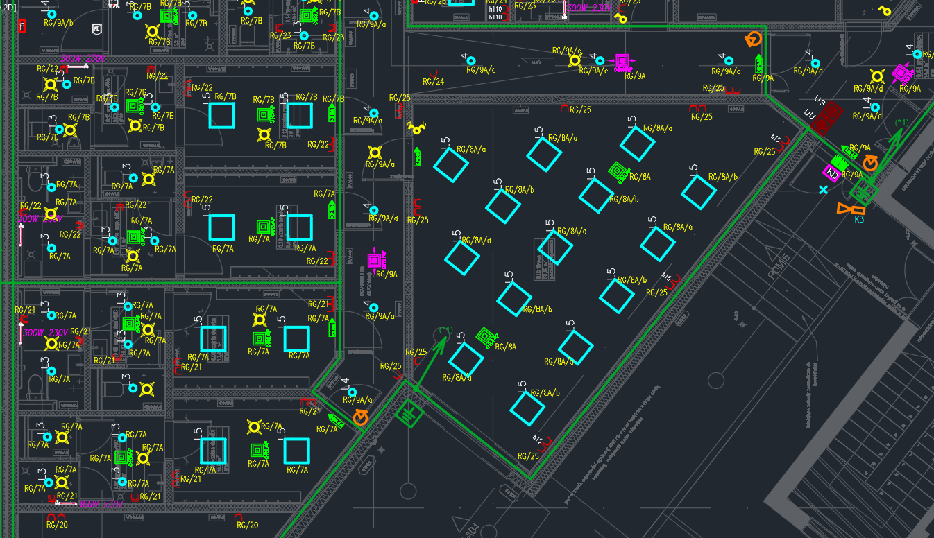 A detailed technical blueprint or CAD drawing of an electrical or facilities plan, showing various symbols, lines, and labels representing electrical components, wiring, and infrastructure layout.