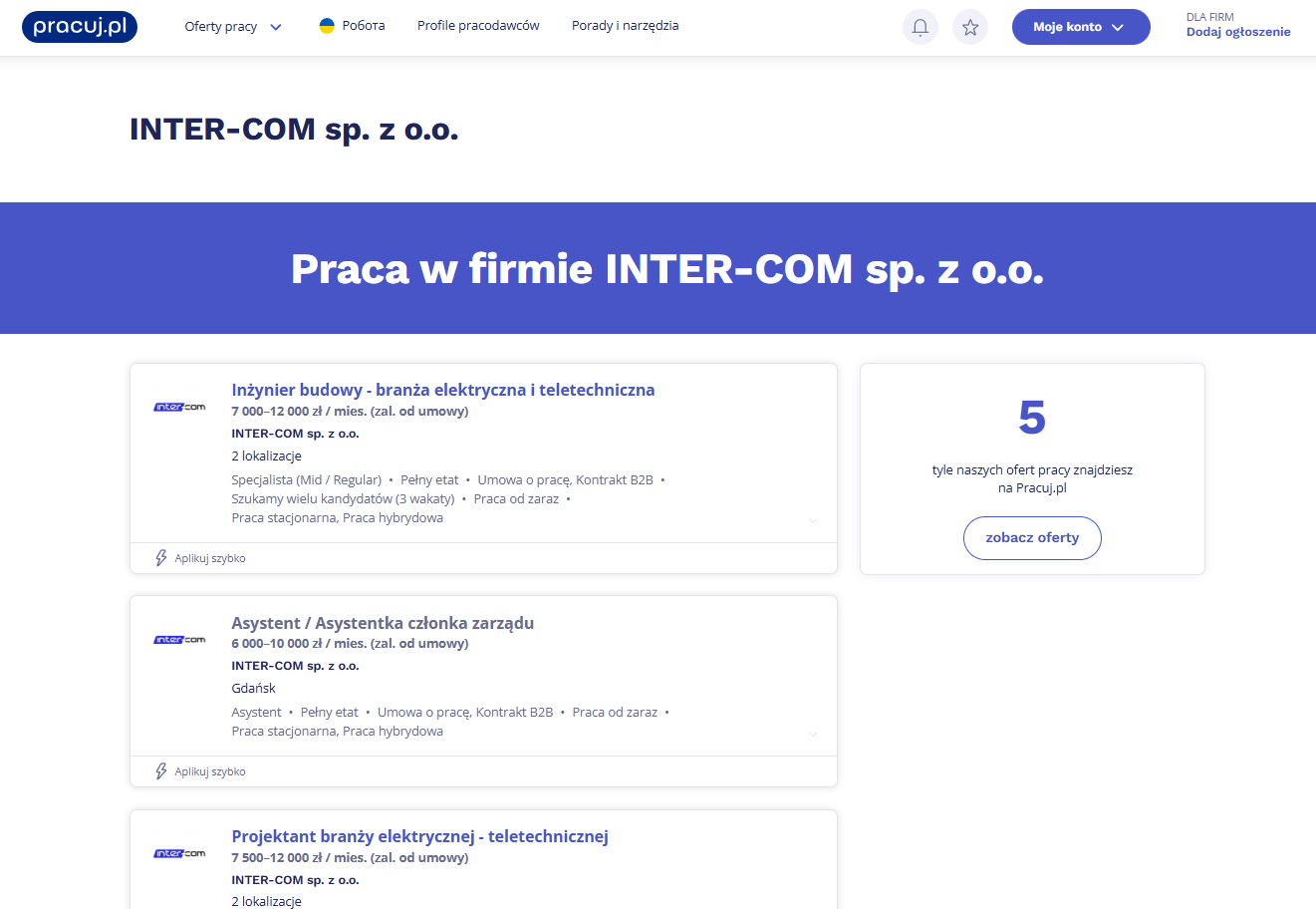 Screenshot of a job listing website in Polish, showing job openings at the company INTER-COM sp. z o.o., including positions for electrical engineer, office assistant, and electrical engineer in the telecommunication industry.