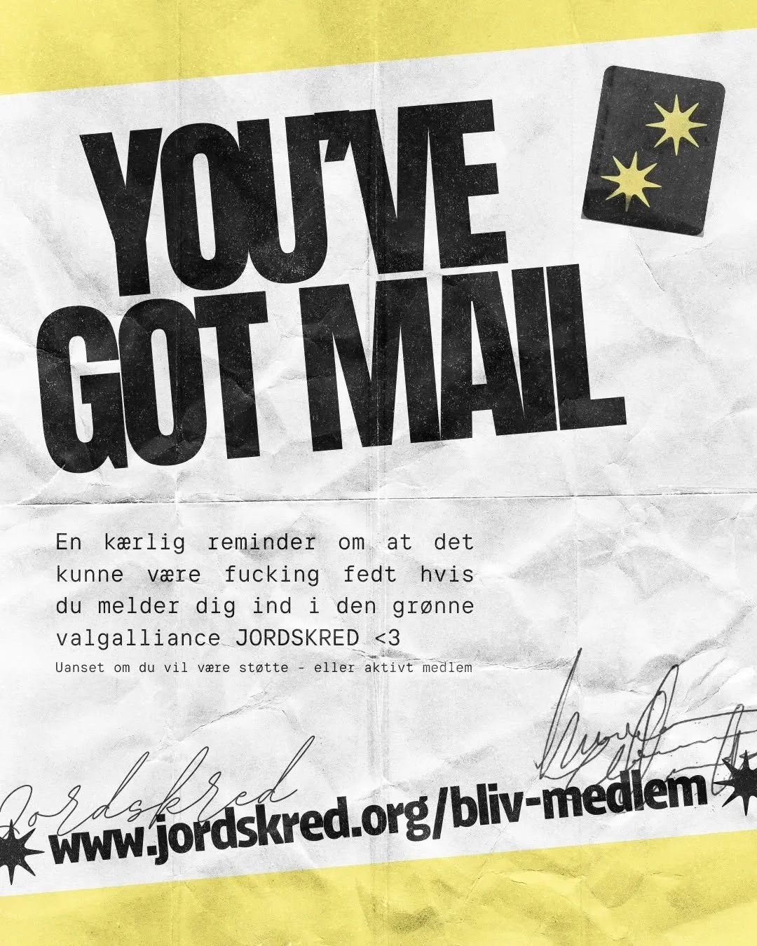 K&aelig;re st&oslash;tter af JORDSKRED. Hj&aelig;lp os med at n&aring; 1000 nye medlemmer inden valget - meld dig ind hvis du ikke har f&aring;et gjort det endnu og prik dine venner p&aring; skulderen eller i en besked og f&aring; dem til at g&oslash