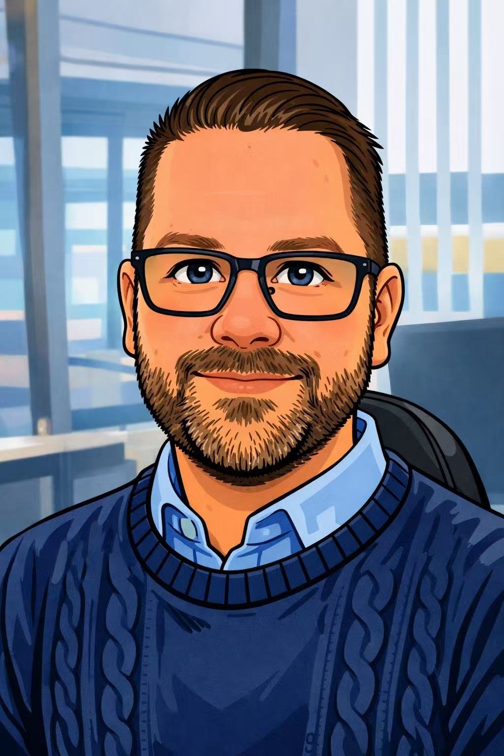 It is a cartoon image of a man with glasses, a beard, and short hair, wearing a blue sweater and shirt, sitting in a room with glass windows.