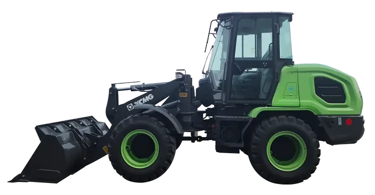 A modern green and black wheel loader with an enlarged loading attachment