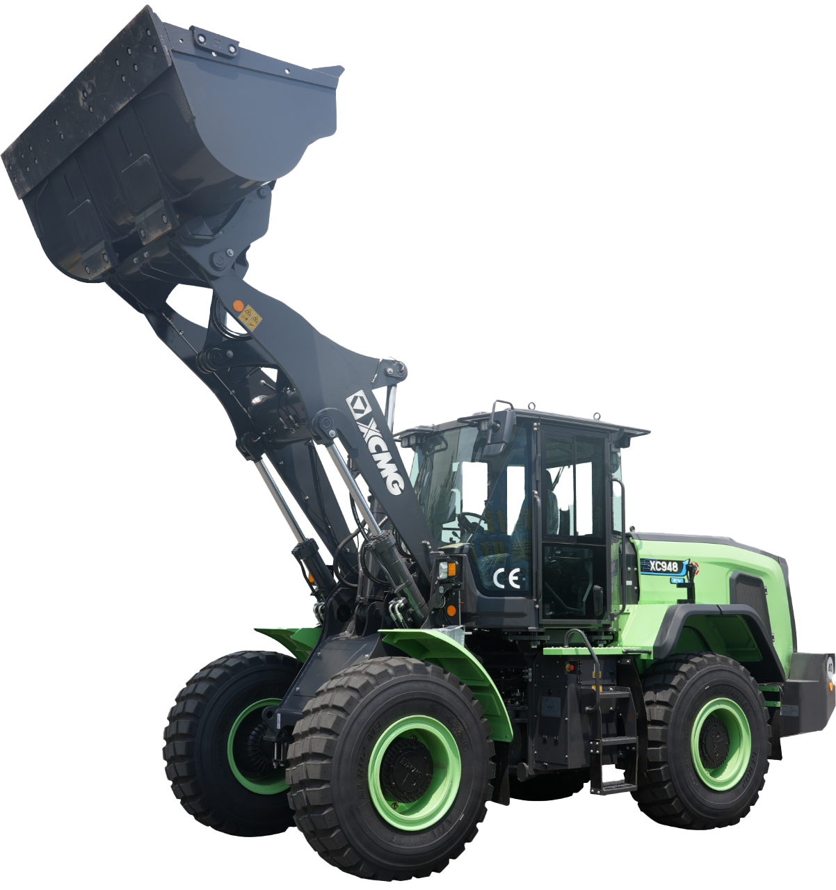 A green and black farm machine, a truck with a crane arm and bucket, against a white background.