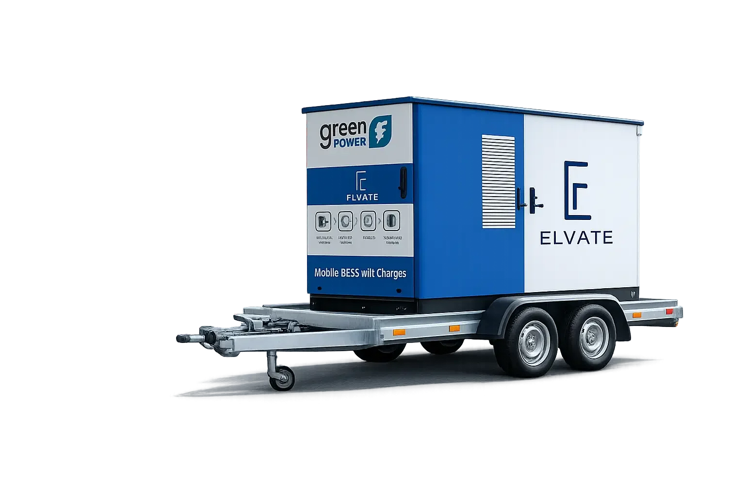 Elvate mobil BESS batterilagring 261 kWh på släpvagn med CCS2-laddning.