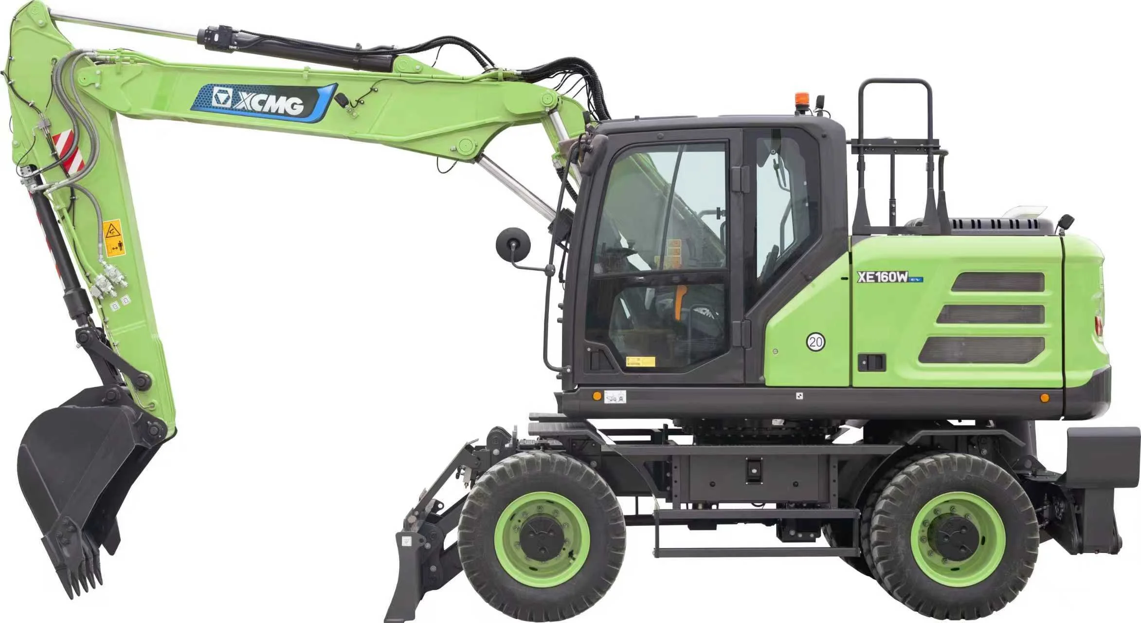 Green excavator with gold plating, model XE160W, from XCMG, seen in profile