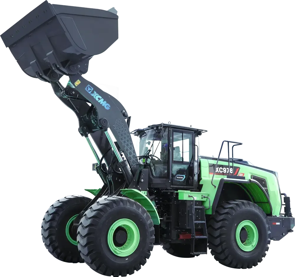 En grön och svart grävmaskin med stora däck, märkning XCMG XC978, sett från sidan.