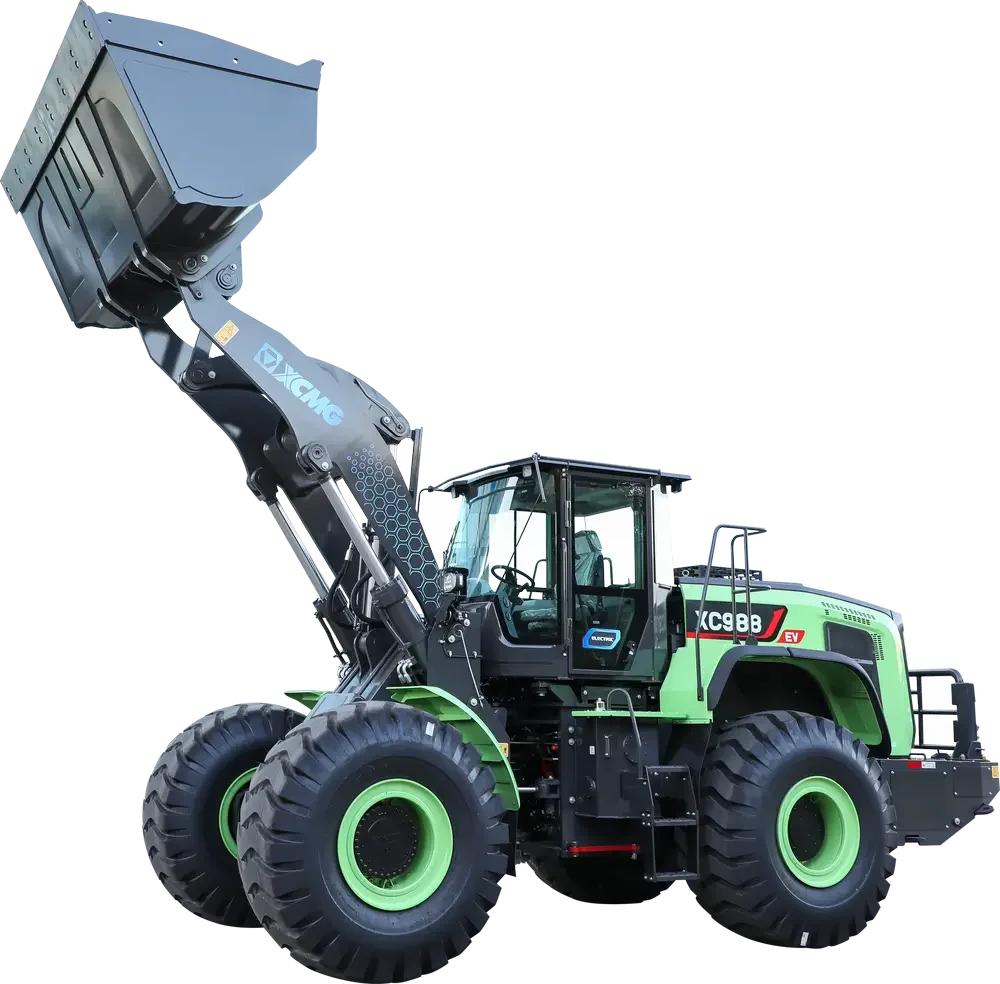 En grön och svart hjullastare med stor lyftarm och skopa, fabriksny design, mot en neutral bakgrund.