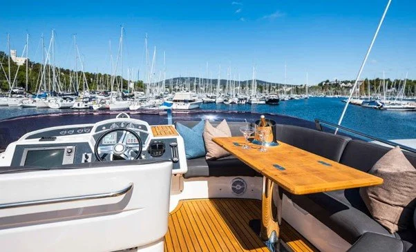 Princess P42 flybridge helm and guest seating