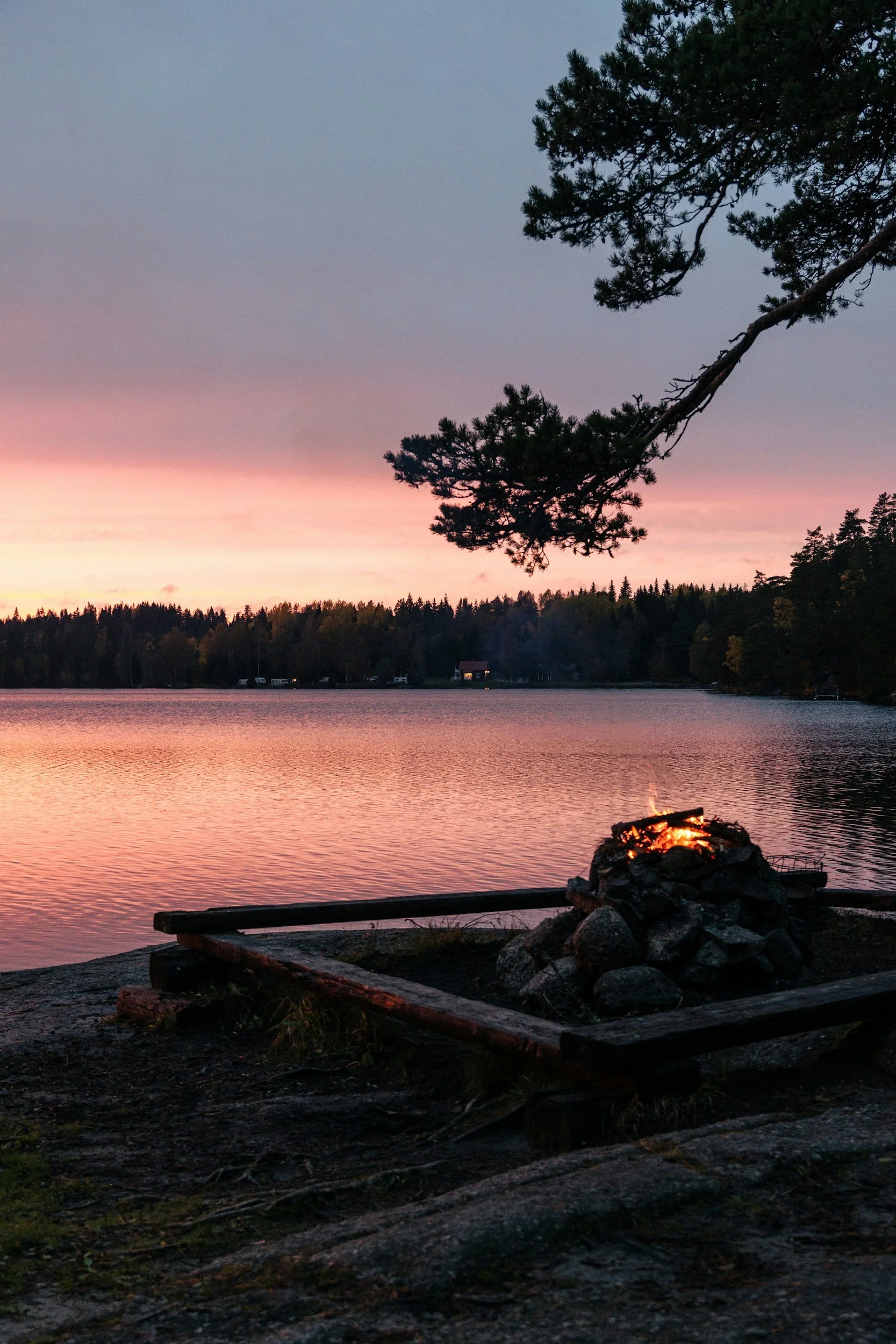Ein Feuerplatz am See bei Sonnenuntergang mit einem Baum im Hintergrund.