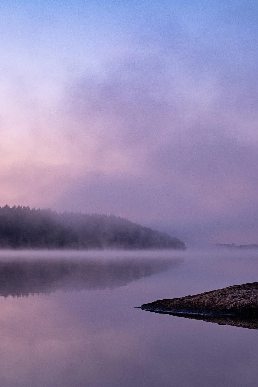 Morgenstimmung mit stiller Wasserfläche, Nebel und einem bewaldeten Hügel im Hintergrund