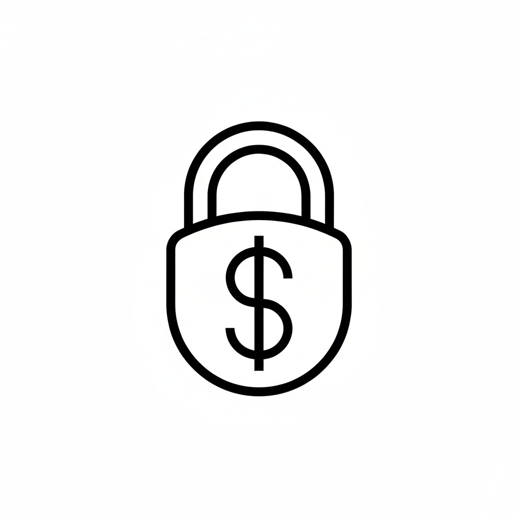 Line drawing of a padlock with a dollar sign on it.