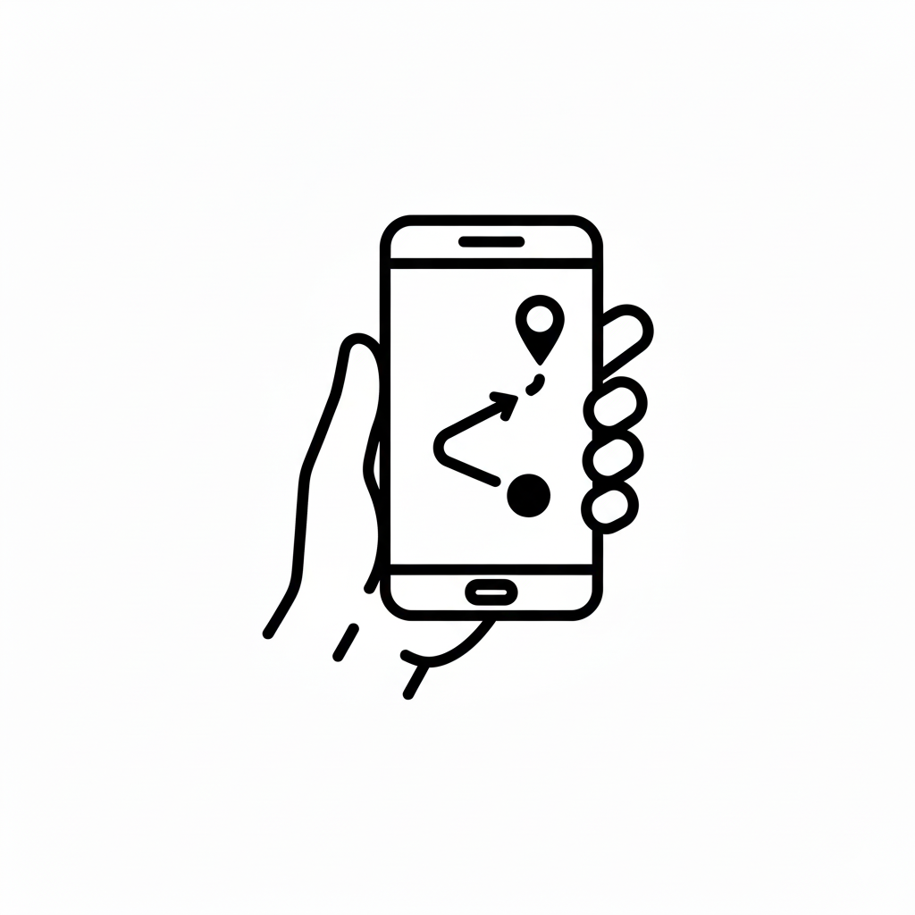 A black and white line drawing of a hand holding a smartphone displaying a navigation map with a route, a location pin, and directional arrows.