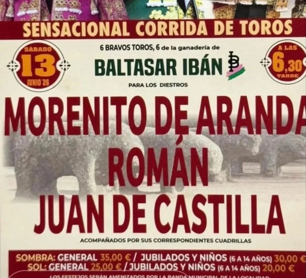 Cartel Baltasar Ibán:  Morenito de Aranda, Román, Juan de Castilla. Corrida toros. 