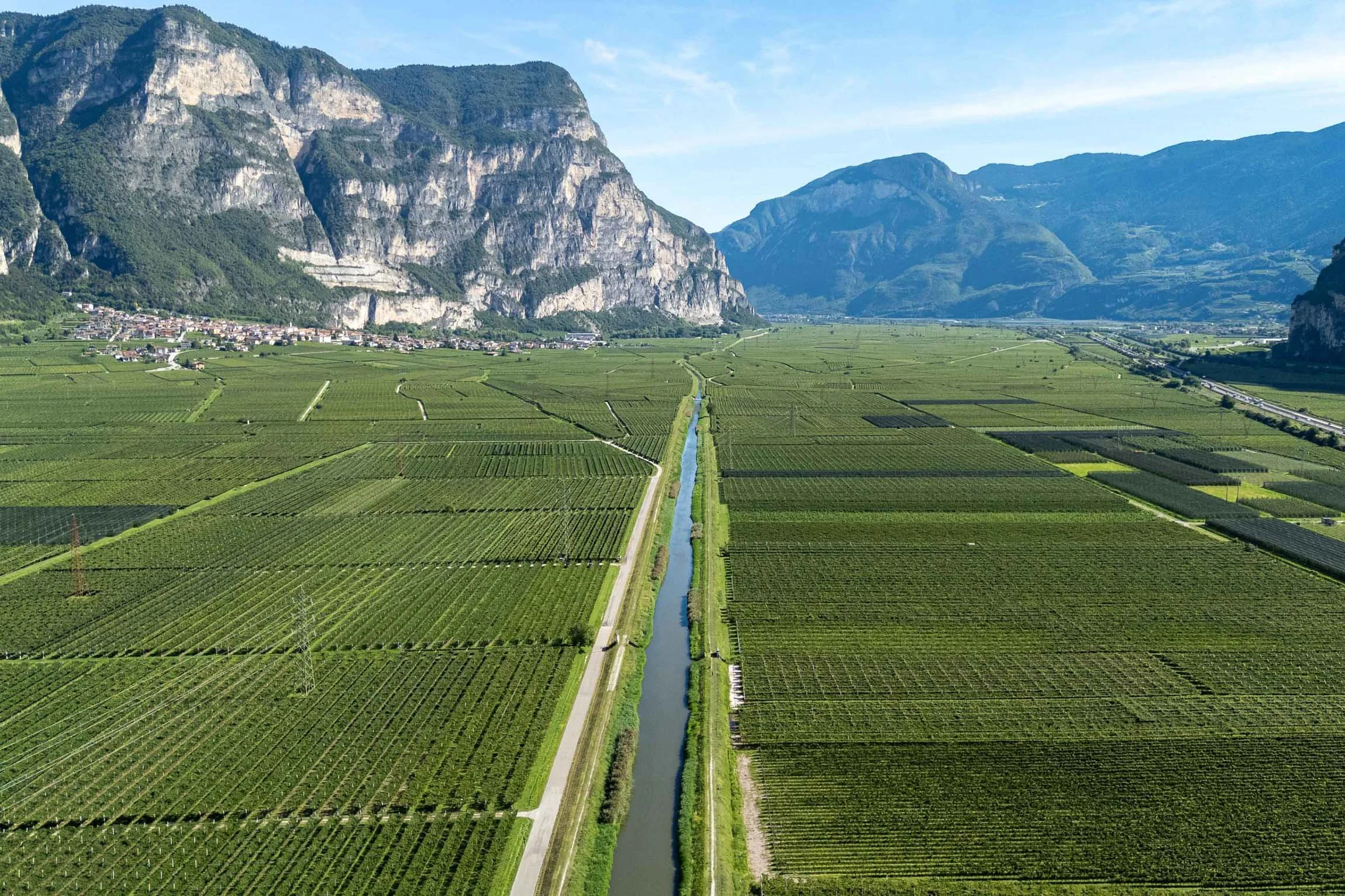 Piana Rotaliana, Trentino. Paesaggio con campi coltivati, un canale al centro e montagne sullo sfondo.

© Alessandro Holneider