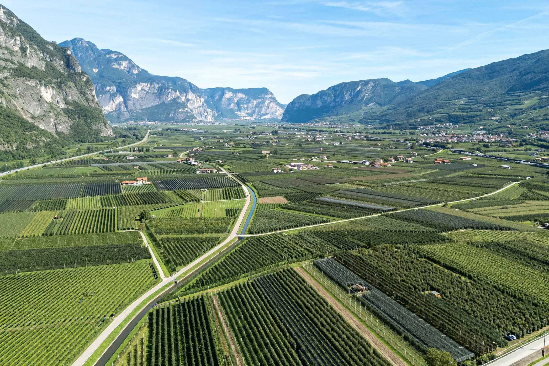 Piana Rotaliana, Trentino. Veduta aerea di campi coltivati e vigneti in una valle con montagne sullo sfondo, strada principale e abitazioni sparse.

© Alessandro Holneider