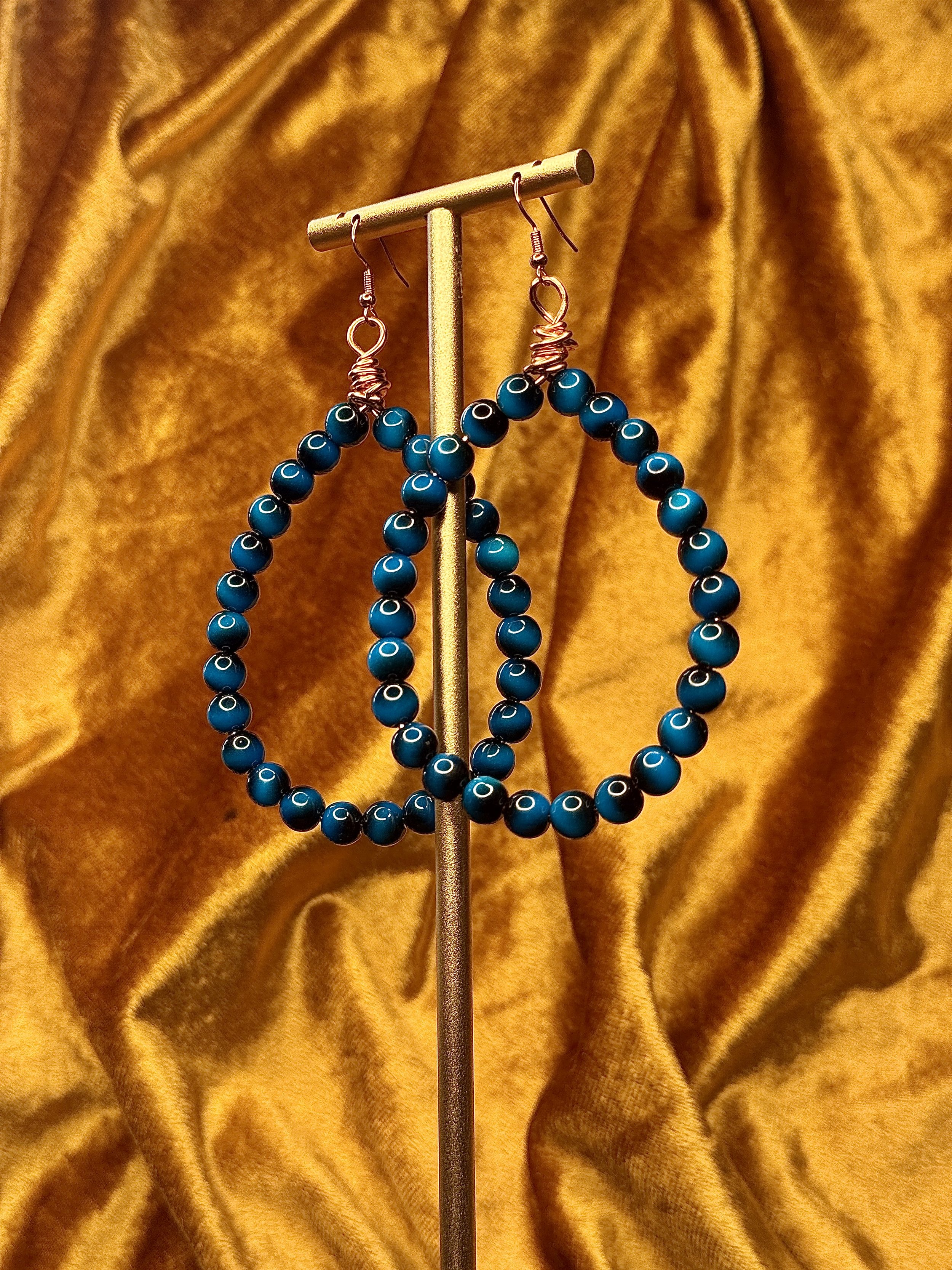 Blue Tiger Eye Beaded Hoops