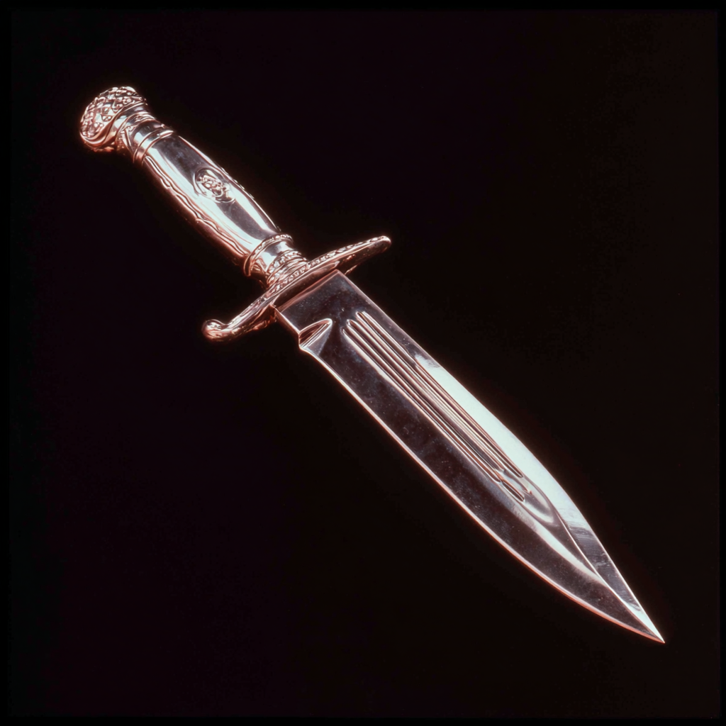 Ornate vintage dagger photographed on black background with dramatic lighting, Sevastián Kay visual aesthetic