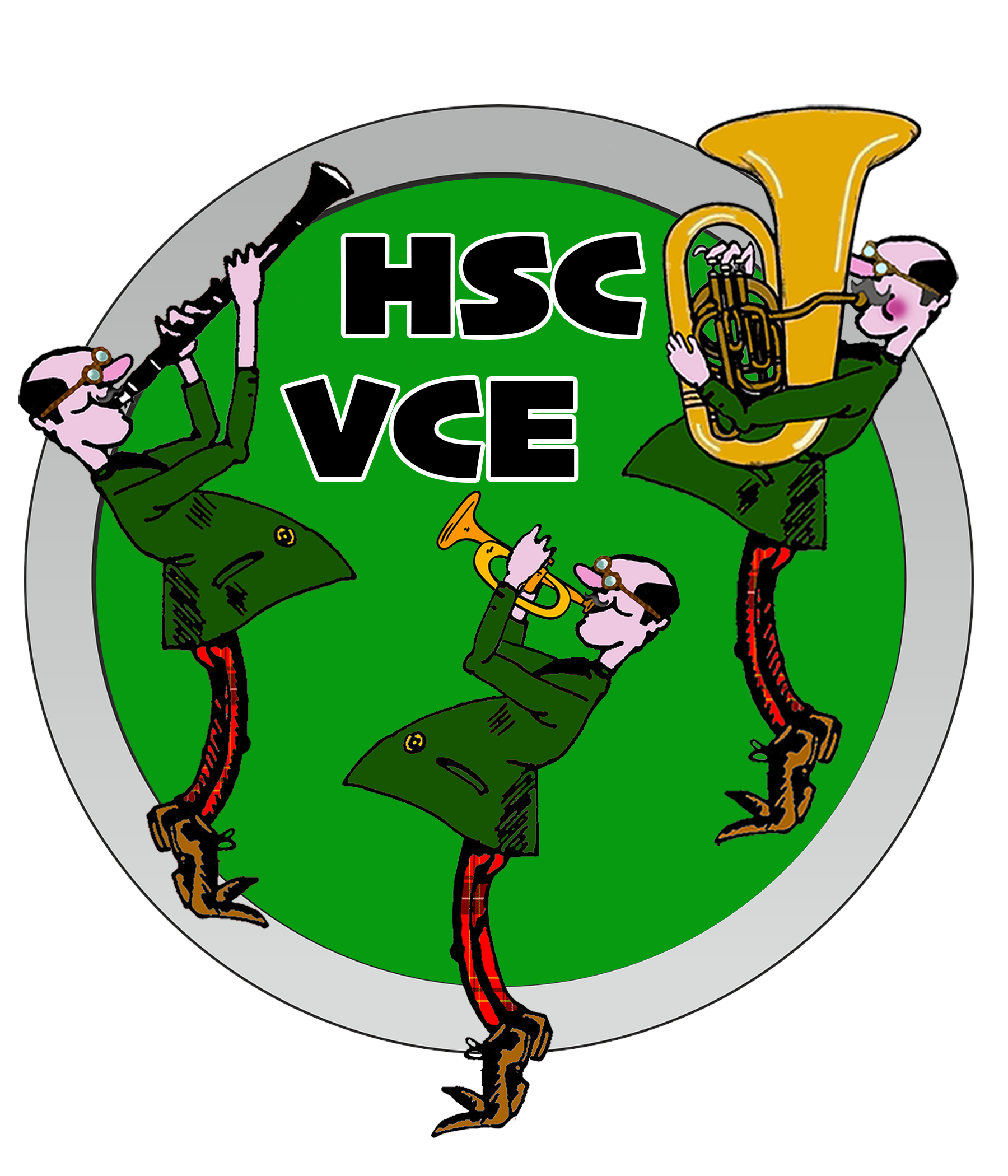 Button for HSC/VCE music featuring three cartoon men in a green coat, with glasses, holding a tuba, a trumpet and a clarinet, standing in front of a large green circle with the words 'HSC and VCE" written inside it, all edged with a silver ring.