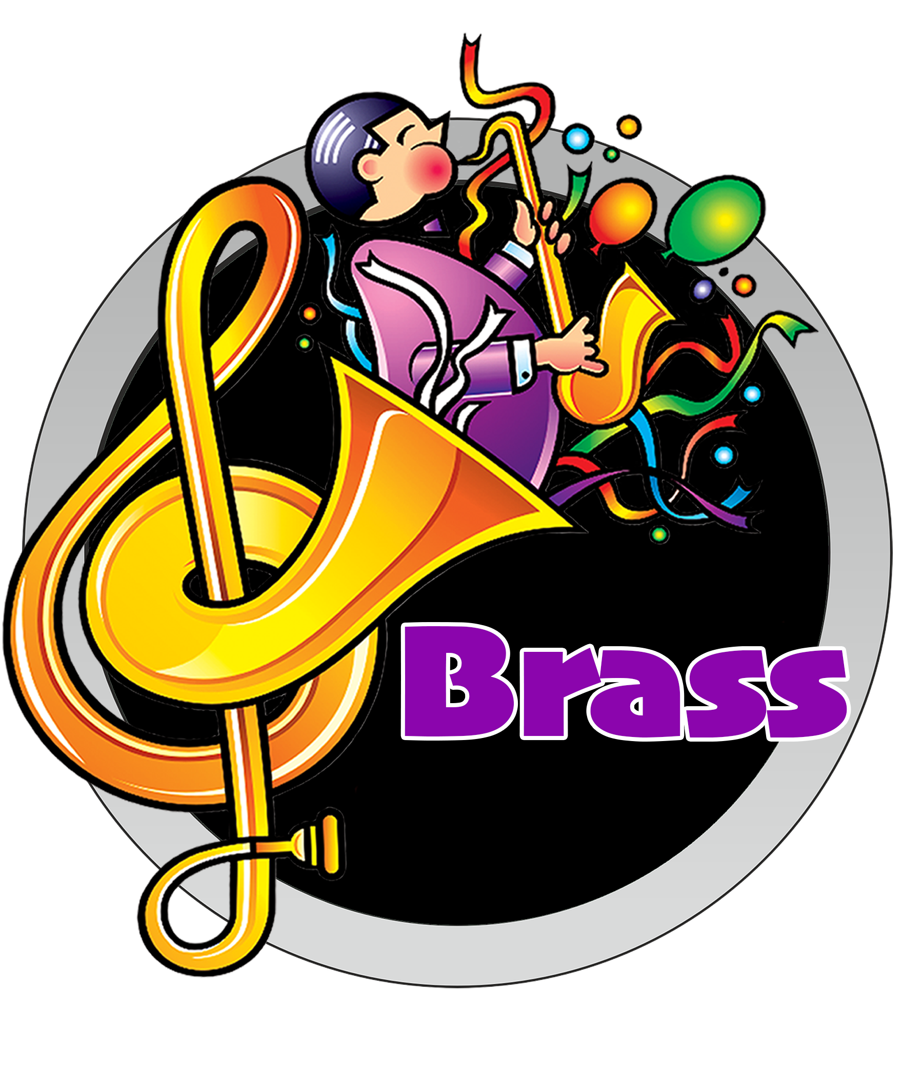 A button for Brass depicting a Colorful cartoon illustration of a person with black hair wearing a purple shirt, playing a yellow saxophone with musical notes and balloons floating around, set against a black circle background with a grey border.