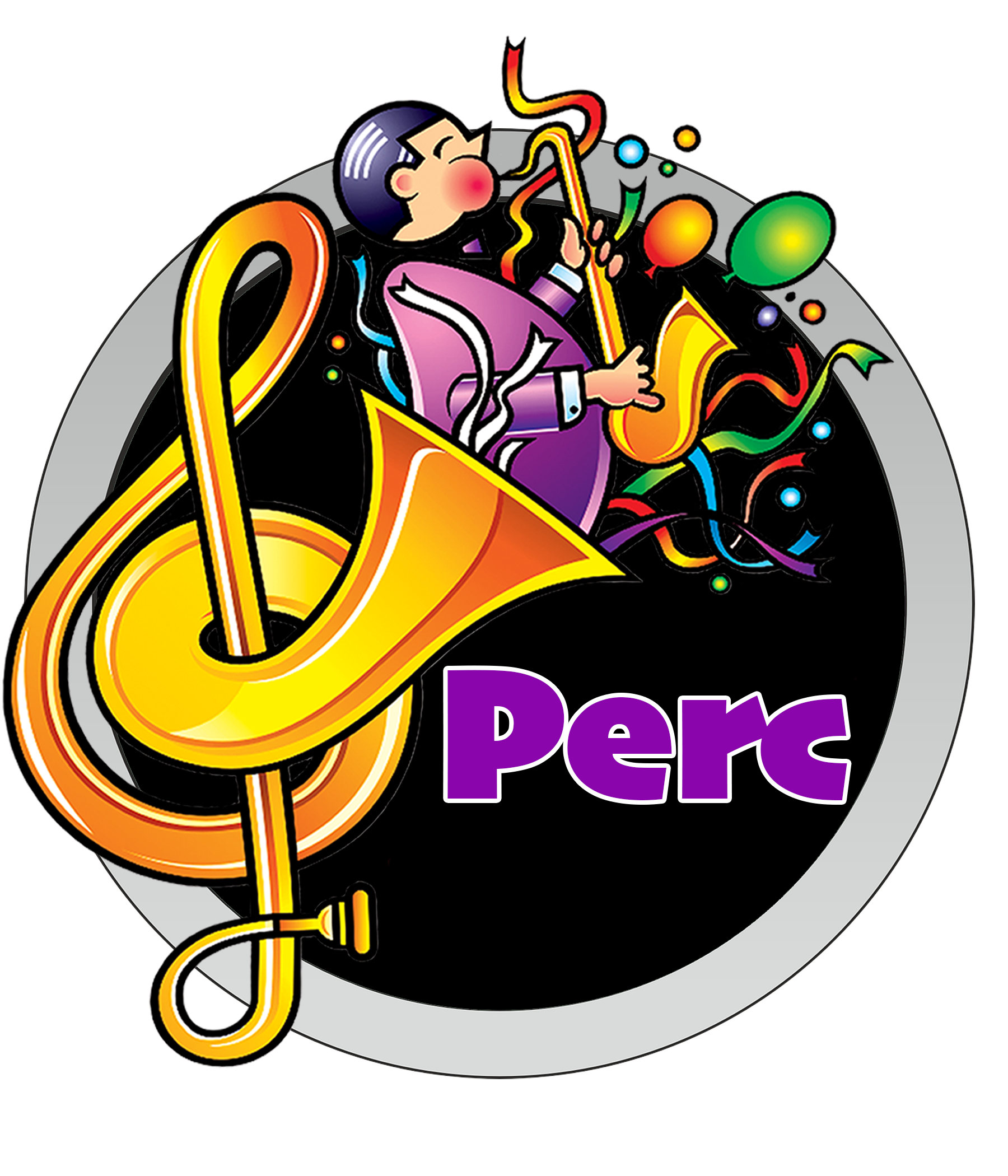 A button for Percussion with a Colorful cartoon illustration of a person with black hair wearing a purple shirt, playing a yellow saxophone with musical notes and balloons floating around, set against a black circle background with a grey border.