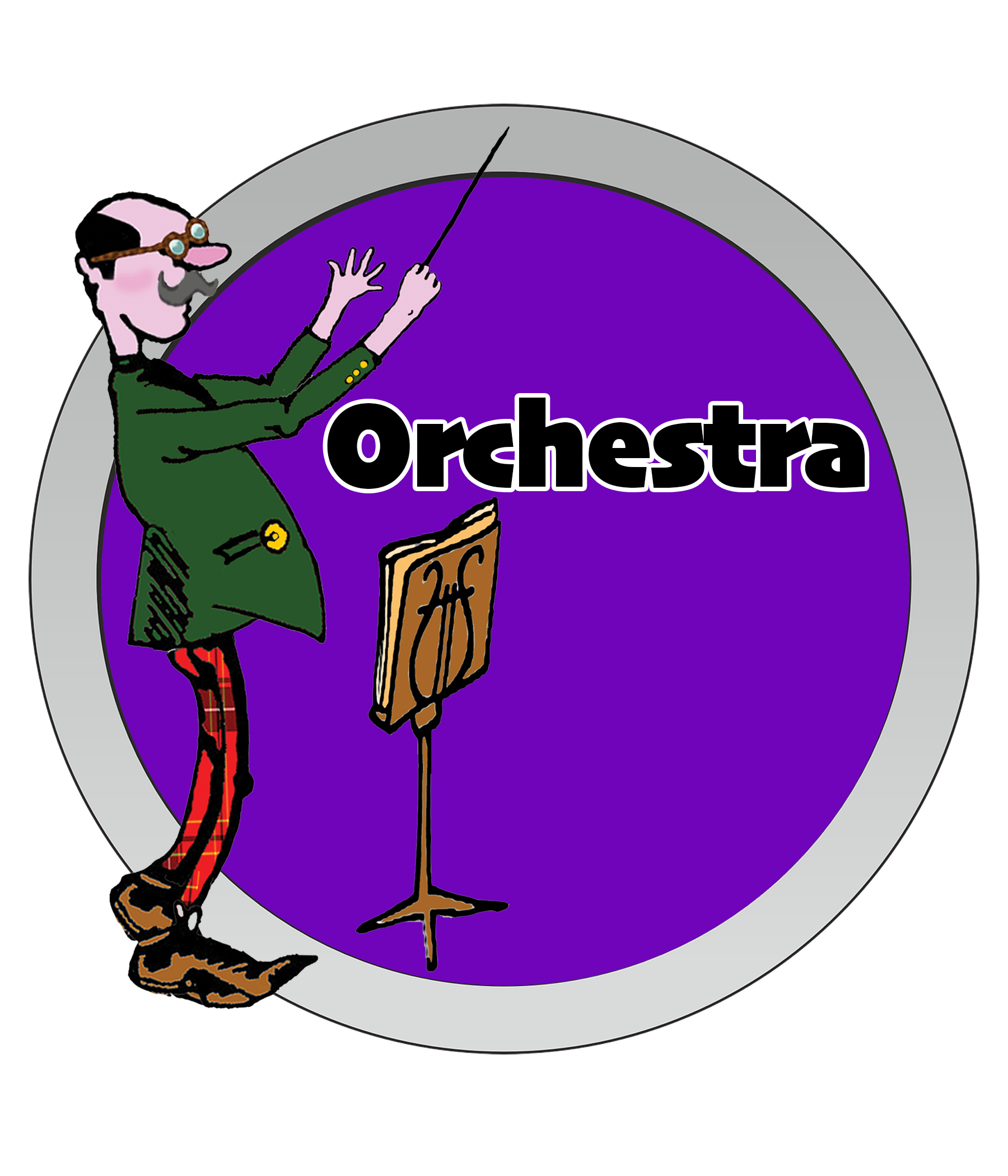 Button for Orchestral music featuring a cartoon man in a green coat, with glasses, holding a baton, standing in front of a large purple circle with the words 'Orchestra' written inside it, all edged with a silver ring.