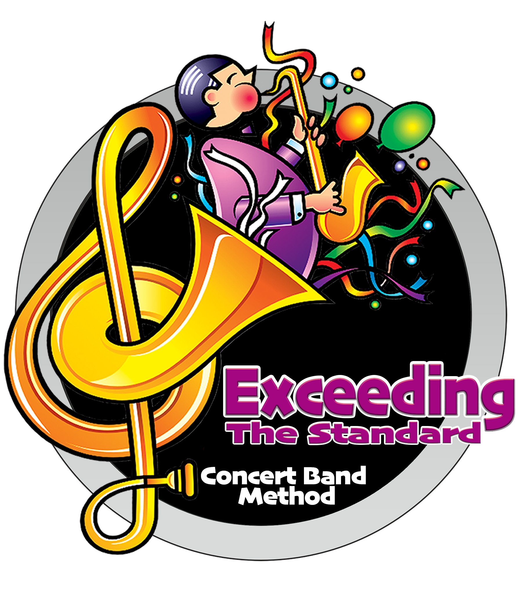 Colorful logo with a large yellow saxophone and a cartoon child wearing a tuxedo, surrounded by balloons and confetti, with text reading 'Exceeding the Standard' and 'Concert Band Method'.
