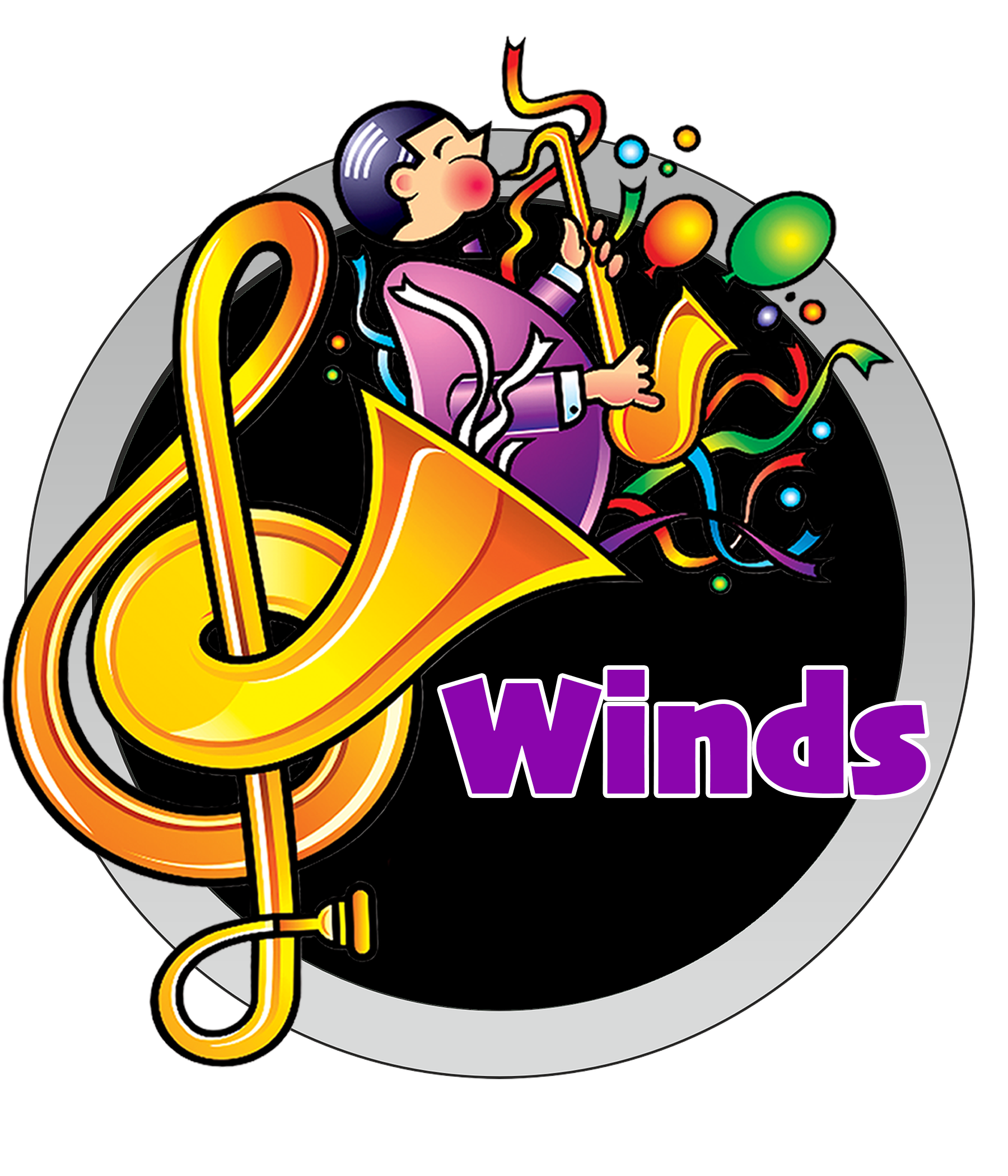 A button depicting a Colorful cartoon illustration of a person with black hair wearing a purple shirt, playing a yellow saxophone with musical notes and balloons floating around, set against a black circle background with a grey border.