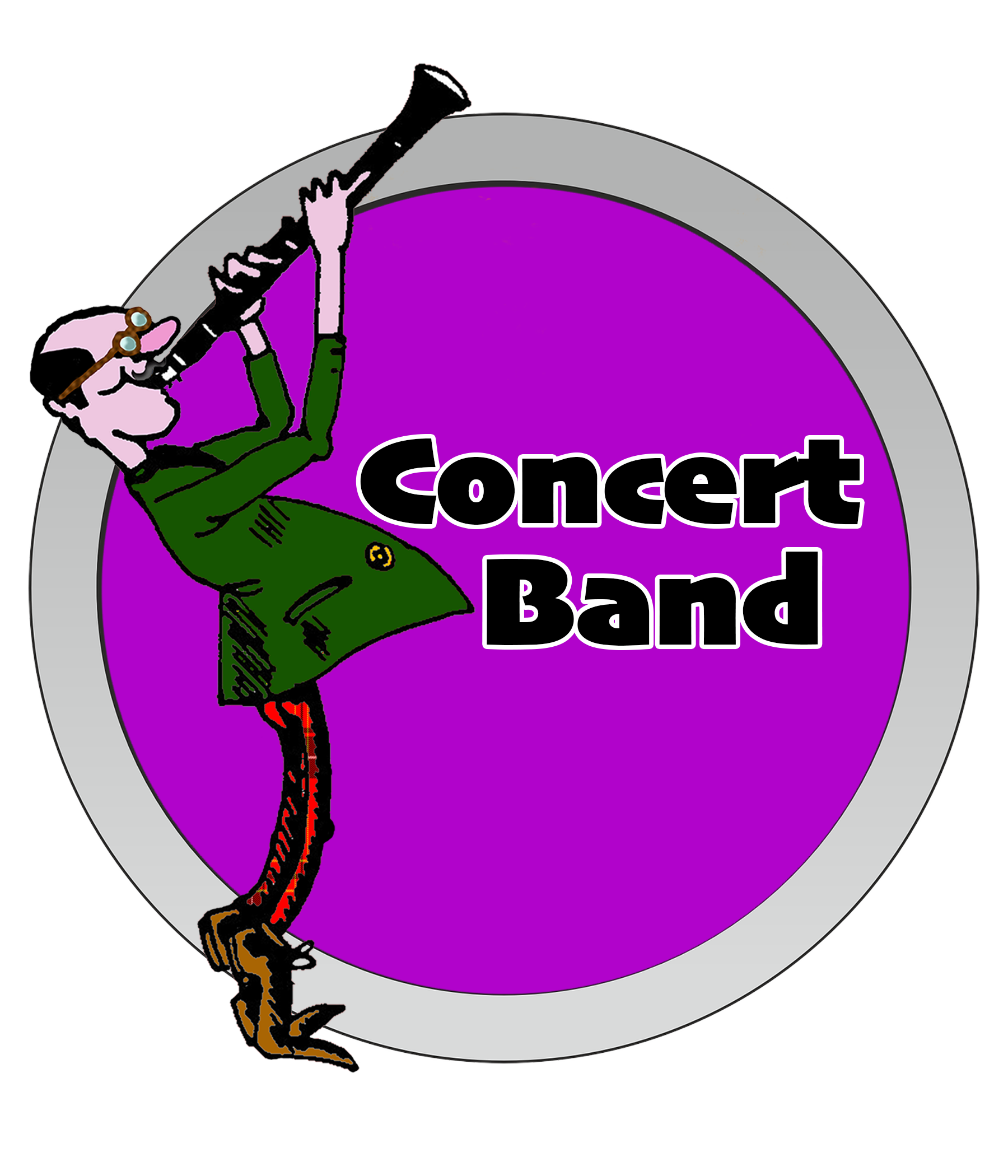 Button for concert band music featuring a cartoon man in a green coat, with glasses, holding a clarinet, standing in front of a large purple circle with the words 'concert band' written inside it, all edged with a silver ring.