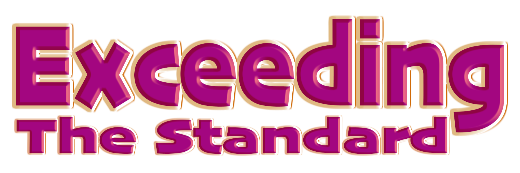 Bold, purple, 3D-style text reading "Exceeding the Standard" with a background of horizontal brown and orange stripes.