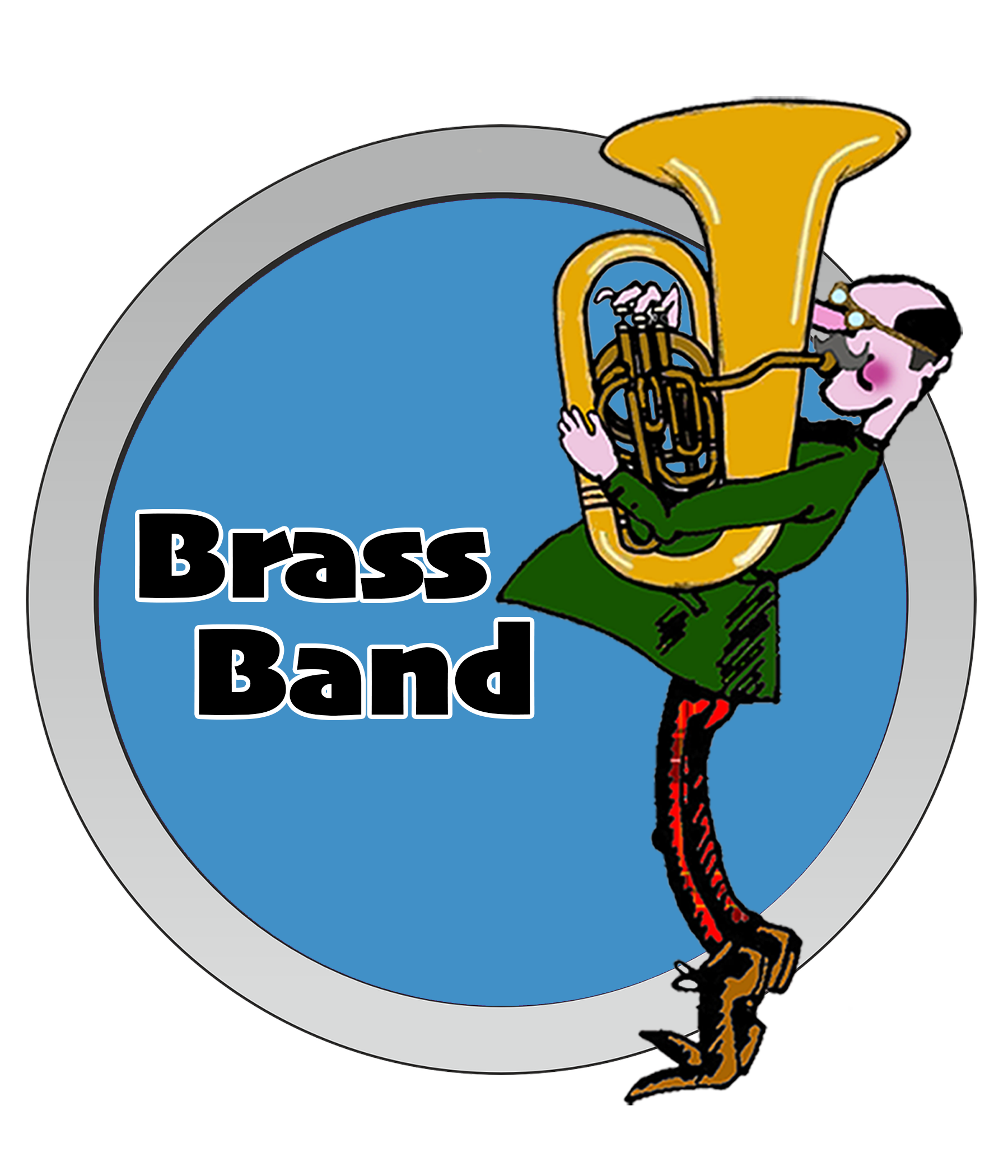 Button for brass band music featuring a cartoon man in a green coat, with glasses, holding a tuba, standing in front of a large blue circle with the words 'brass band written inside it, all edged with a silver ring.