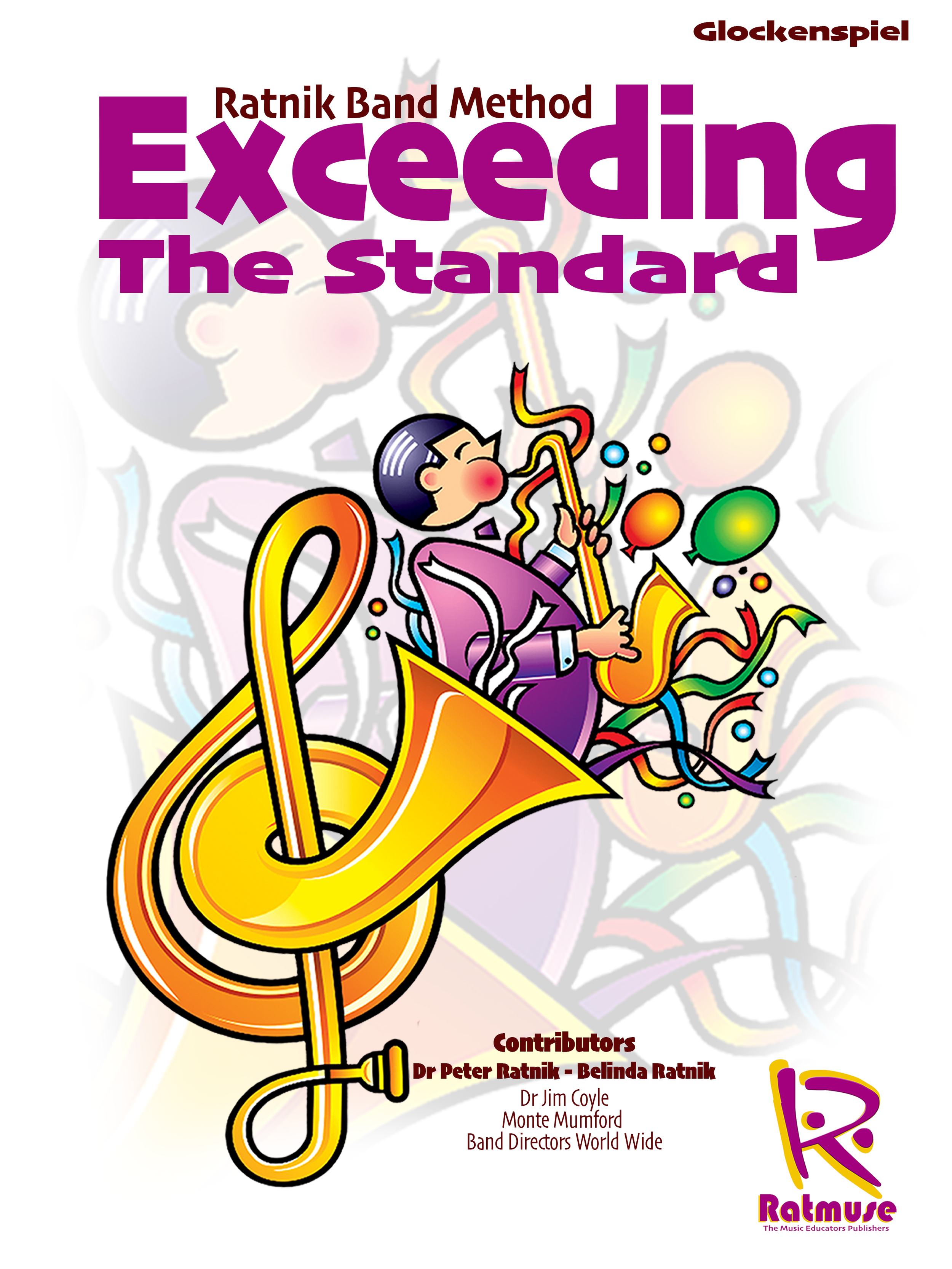 Colorful graphic cover featuring a person playing a saxophone, surrounded by musical notes and abstract shapes. The title 'Exceeding the Standard' is prominently displayed in large purple letters at the top, with smaller text noting authors and contr