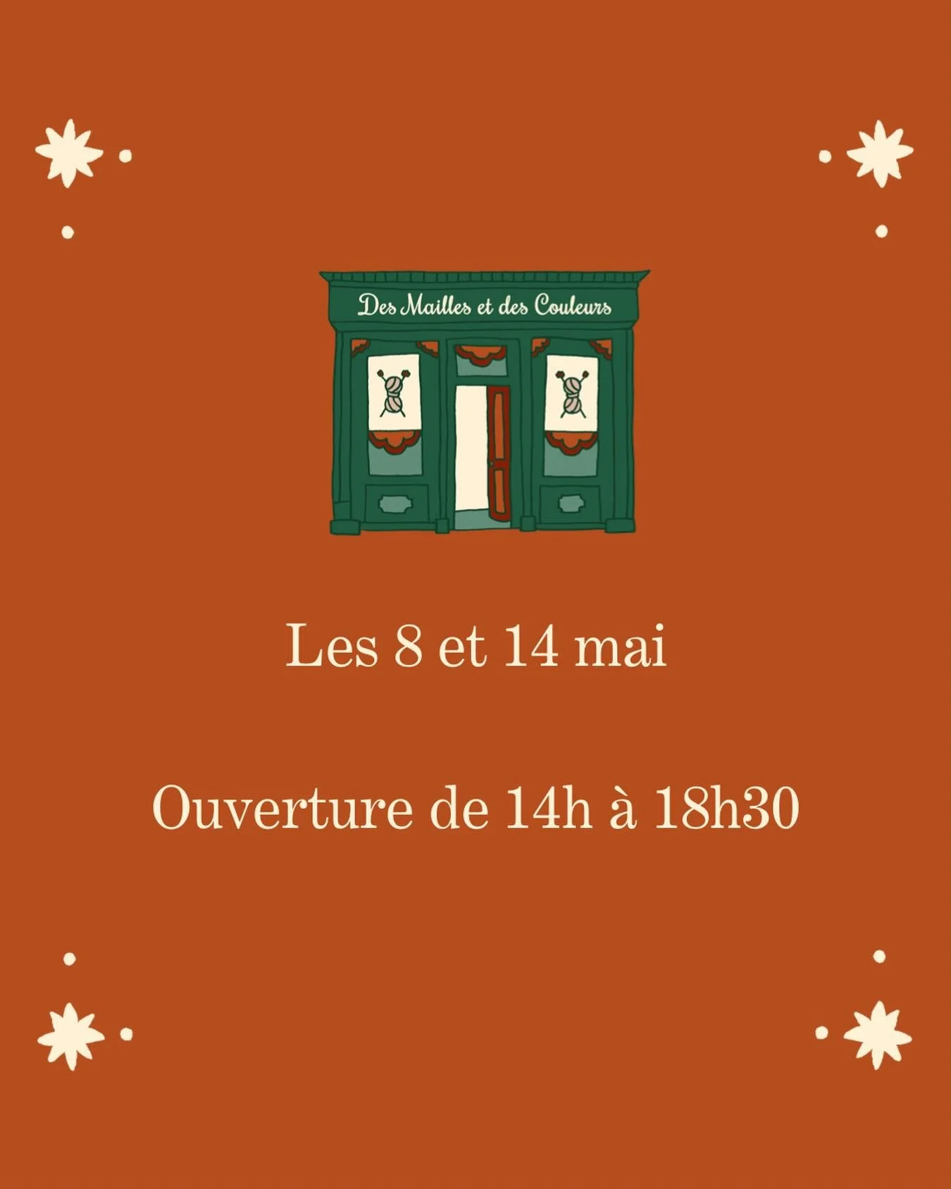 La boutique sera ouverte de 14h &agrave; 18h30 les 8 et 14 mai ! Les horaires restent les m&ecirc;mes les autres jours 😊
#desmaillesetdescouleurs